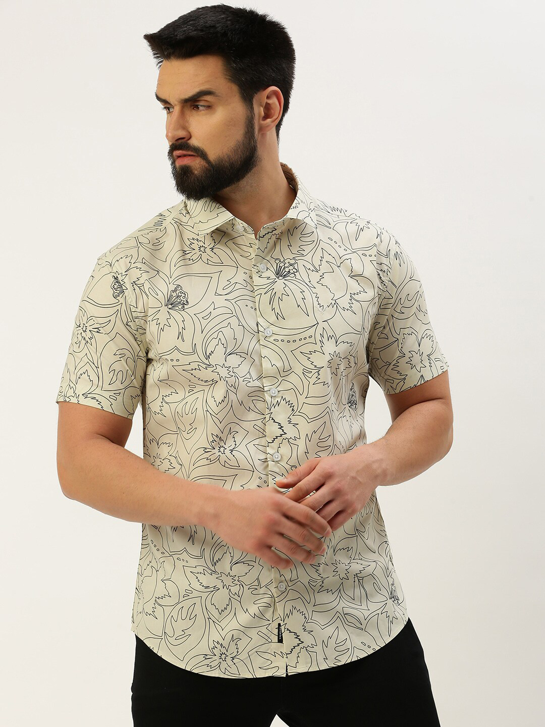 

SHOWOFF Comfort Floral Printed Spread Collar Cotton Casual Shirt, Off white