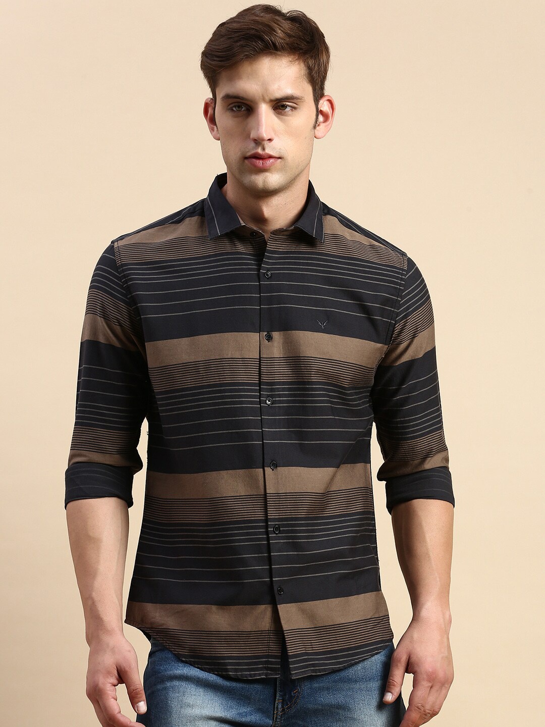 

SHOWOFF Comfort Horizontal Striped Cotton Casual Shirt, Black