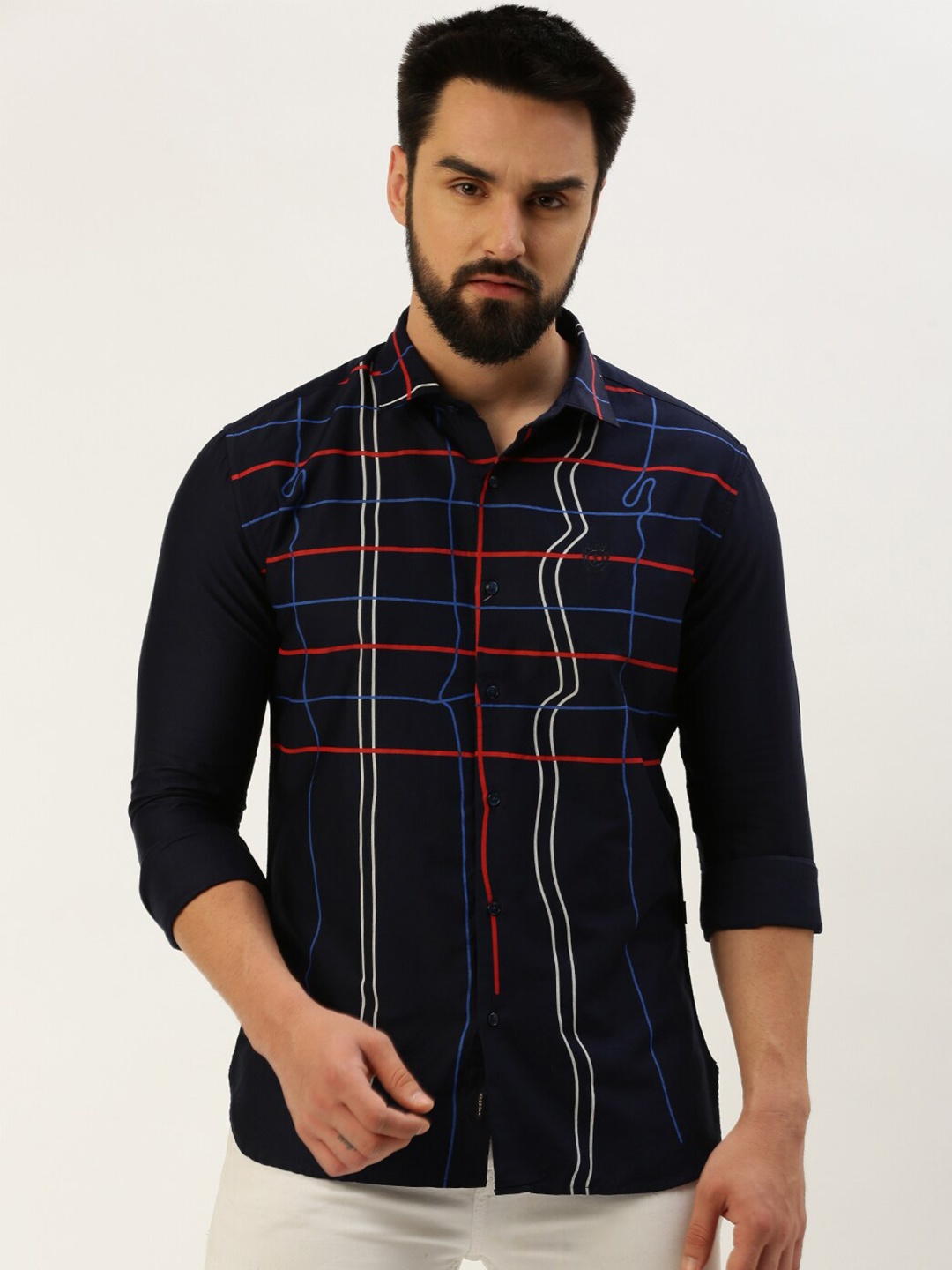 

SHOWOFF Comfort Windowpane Checked Spread Collar Cotton Casual Shirt, Navy blue