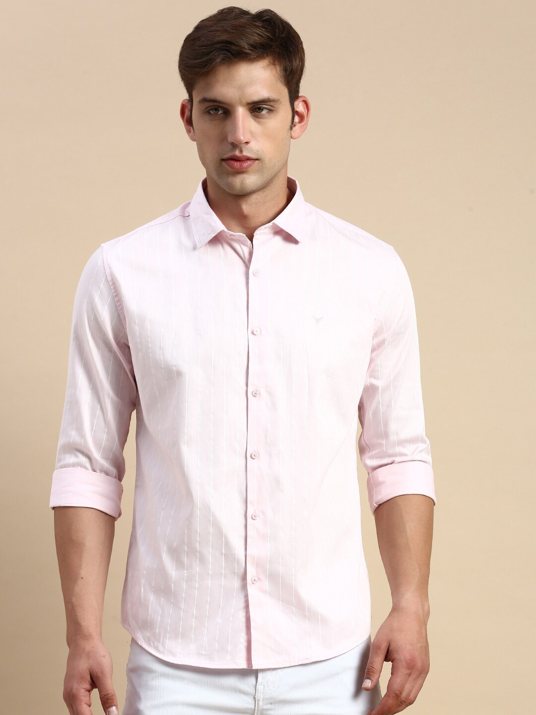 

SHOWOFF Comfort Fit Vertical Striped Cotton Casual Shirt, Pink