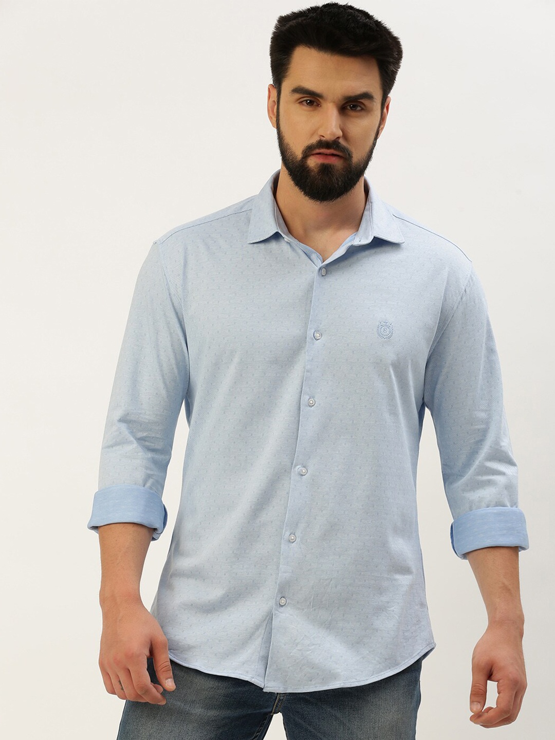 

SHOWOFF Comfort Self Design Spread Collar Cotton Casual Shirt, Blue