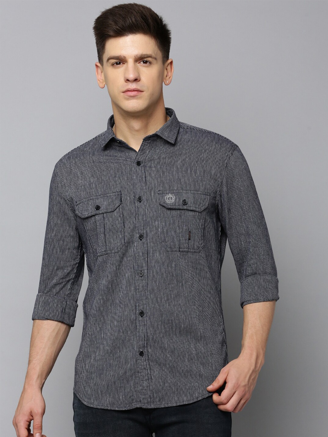 

SHOWOFF Comfort Striped Spread Collar Cotton Shirt, Black
