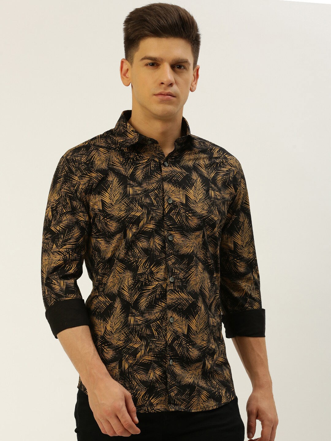 SHOWOFF Comfort Tropical Opaque Printed Cotton Casual Shirt, Black