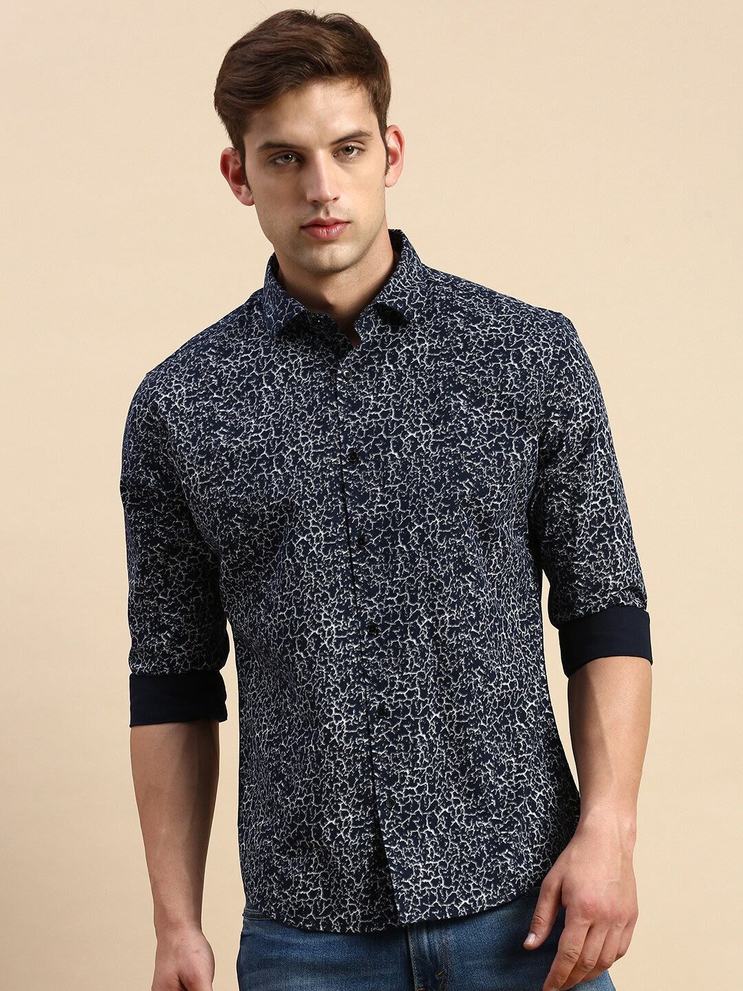 

SHOWOFF Comfort Abstract Printed Cotton Shirt, Navy blue