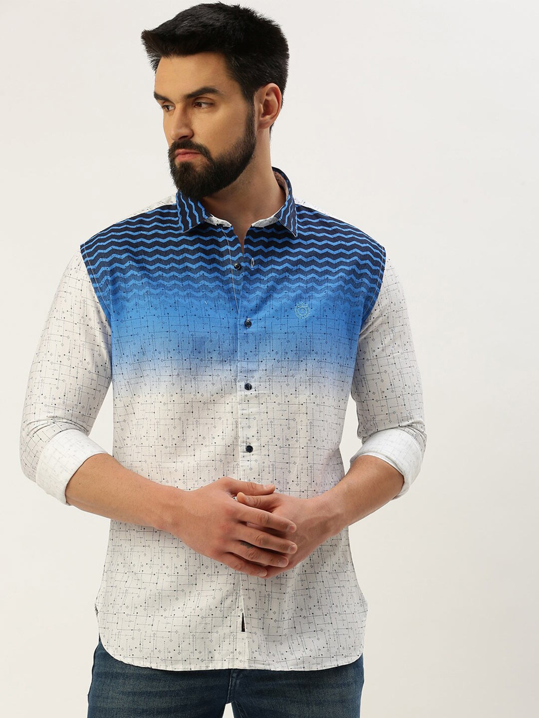 

SHOWOFF Comfort Abstract Printed Spread Collar Cotton Casual Shirt, White