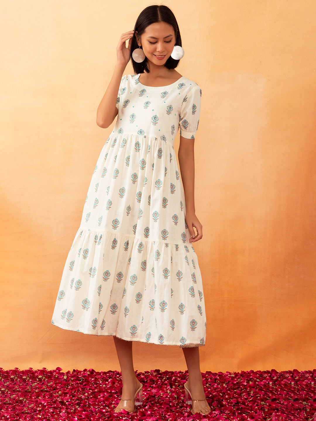 

Rang by Indya Boota Floral Printed Pure Cotton Tiered A-Line Dress, White