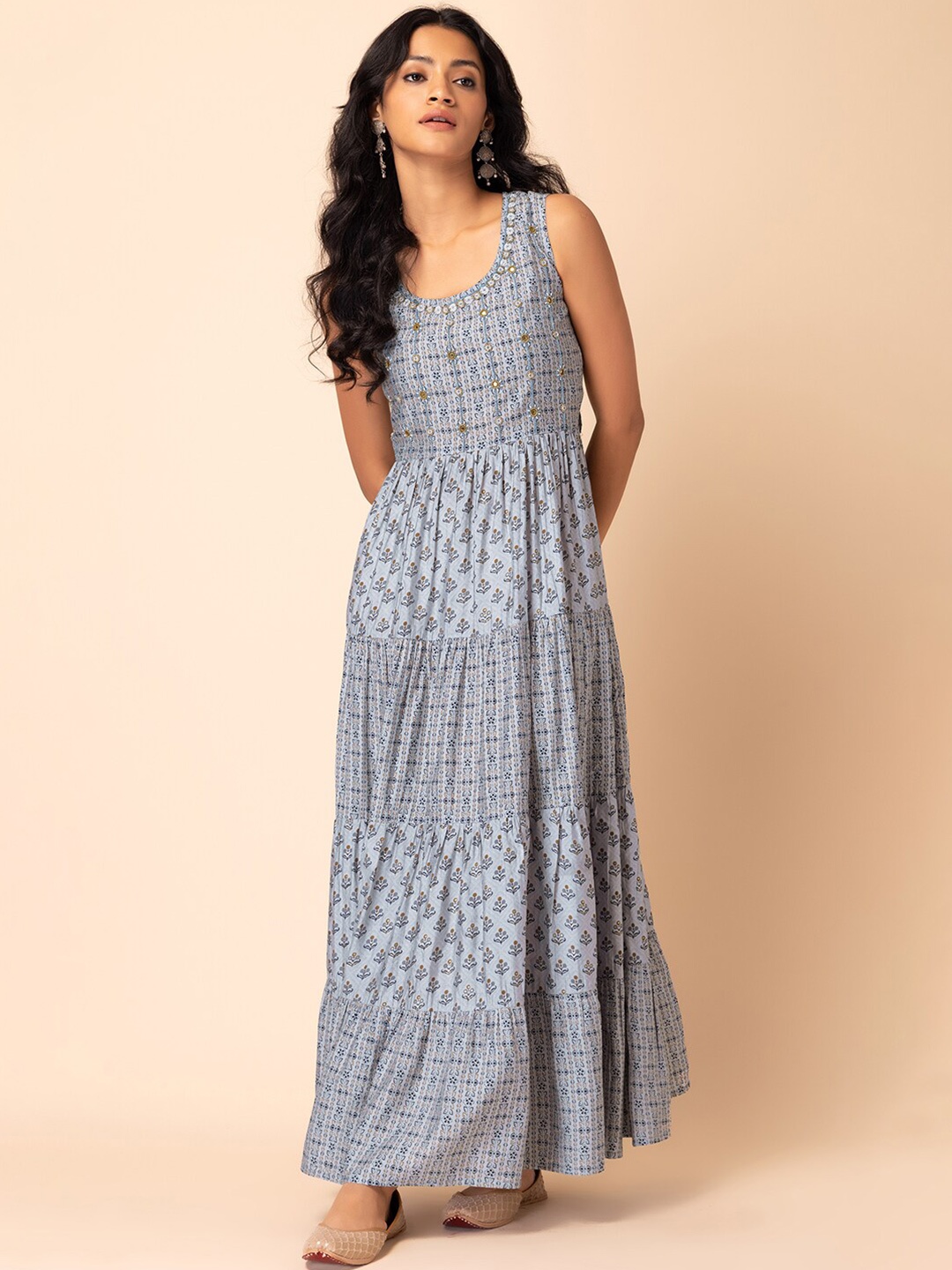 

Rang by Indya Geometric Printed Tiered Muslin Dress, Grey