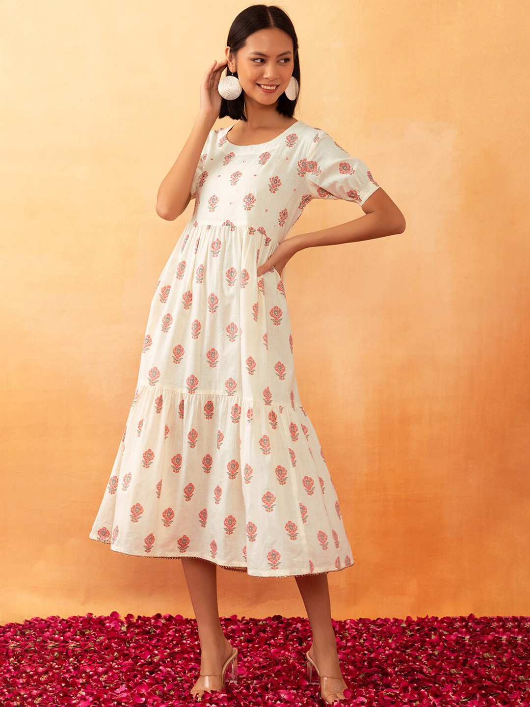 

Rang by Indya Boota Printed Cotton Tiered Dress, White