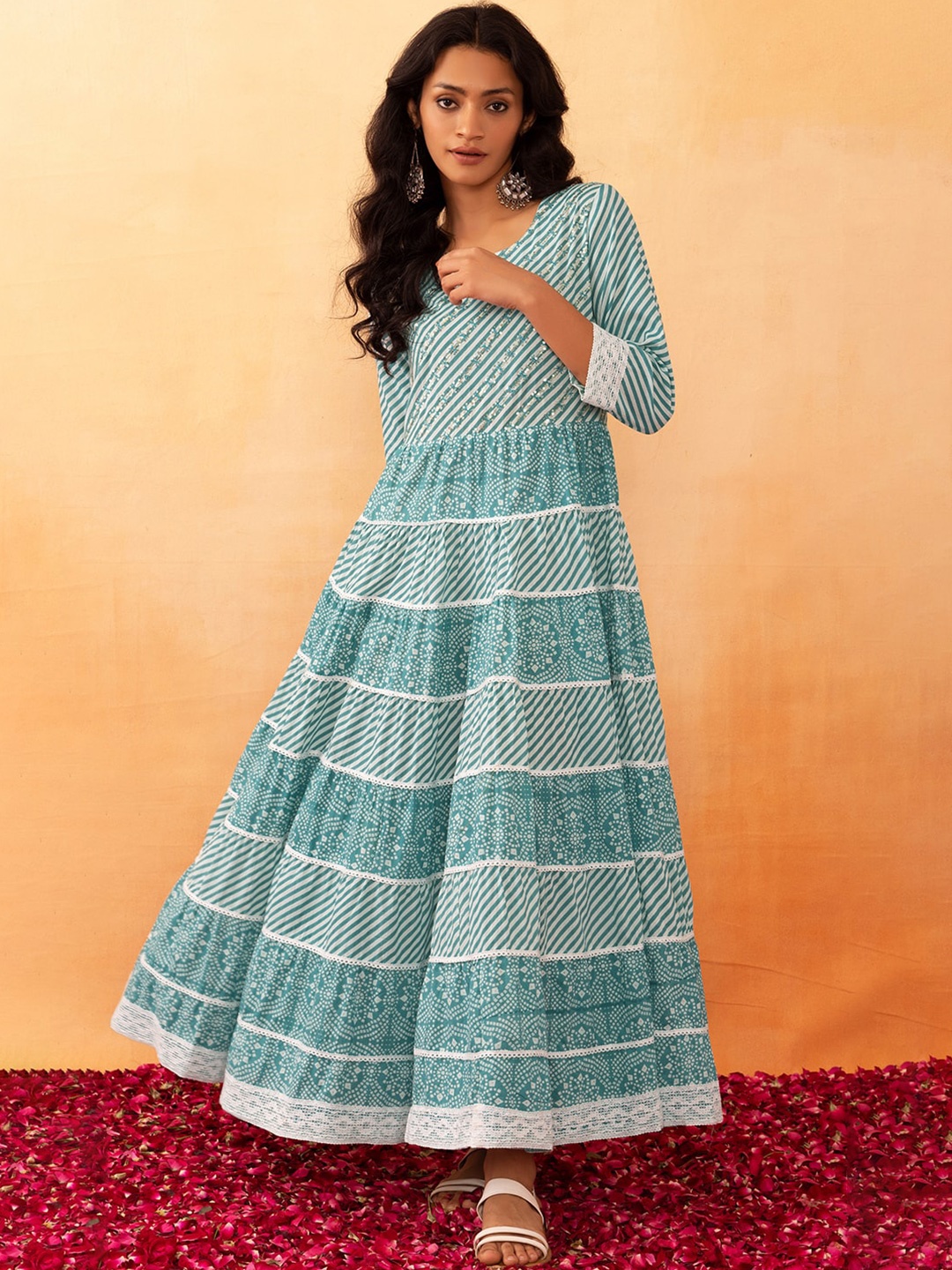 

Rang by Indya Striped Sequined Pure Cotton Fit & Flare Ethnic Maxi Ethnic Dress, Blue