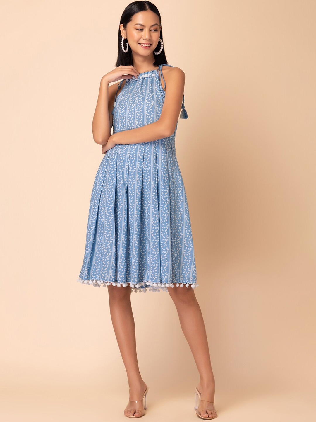

Rang by Indya Batik Printed Strappy Tiered Pure Cotton Dress, Blue