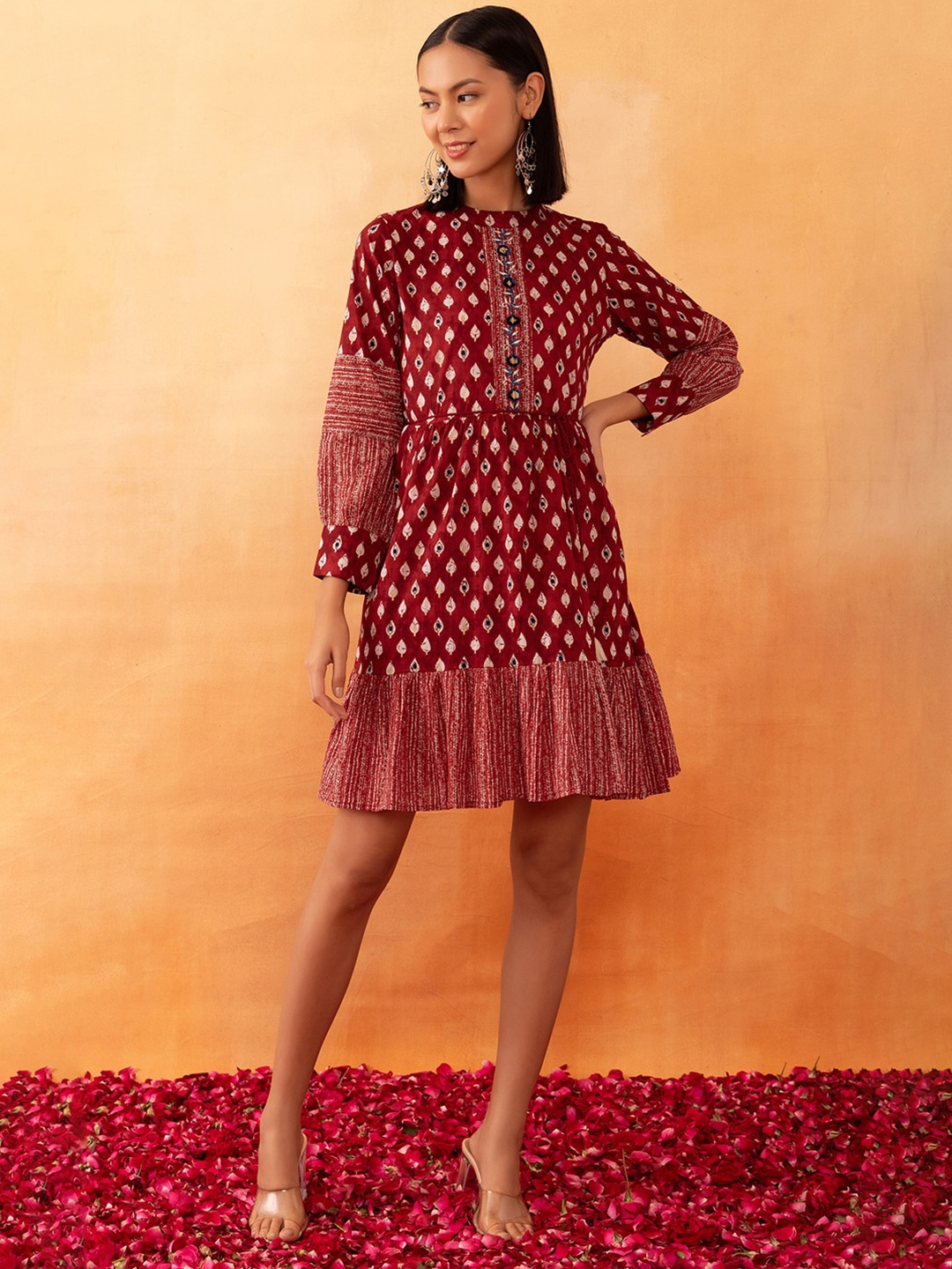 

Rang by Indya Batik-Printed Pure-Cotton Fit & Flared Dress, Orange