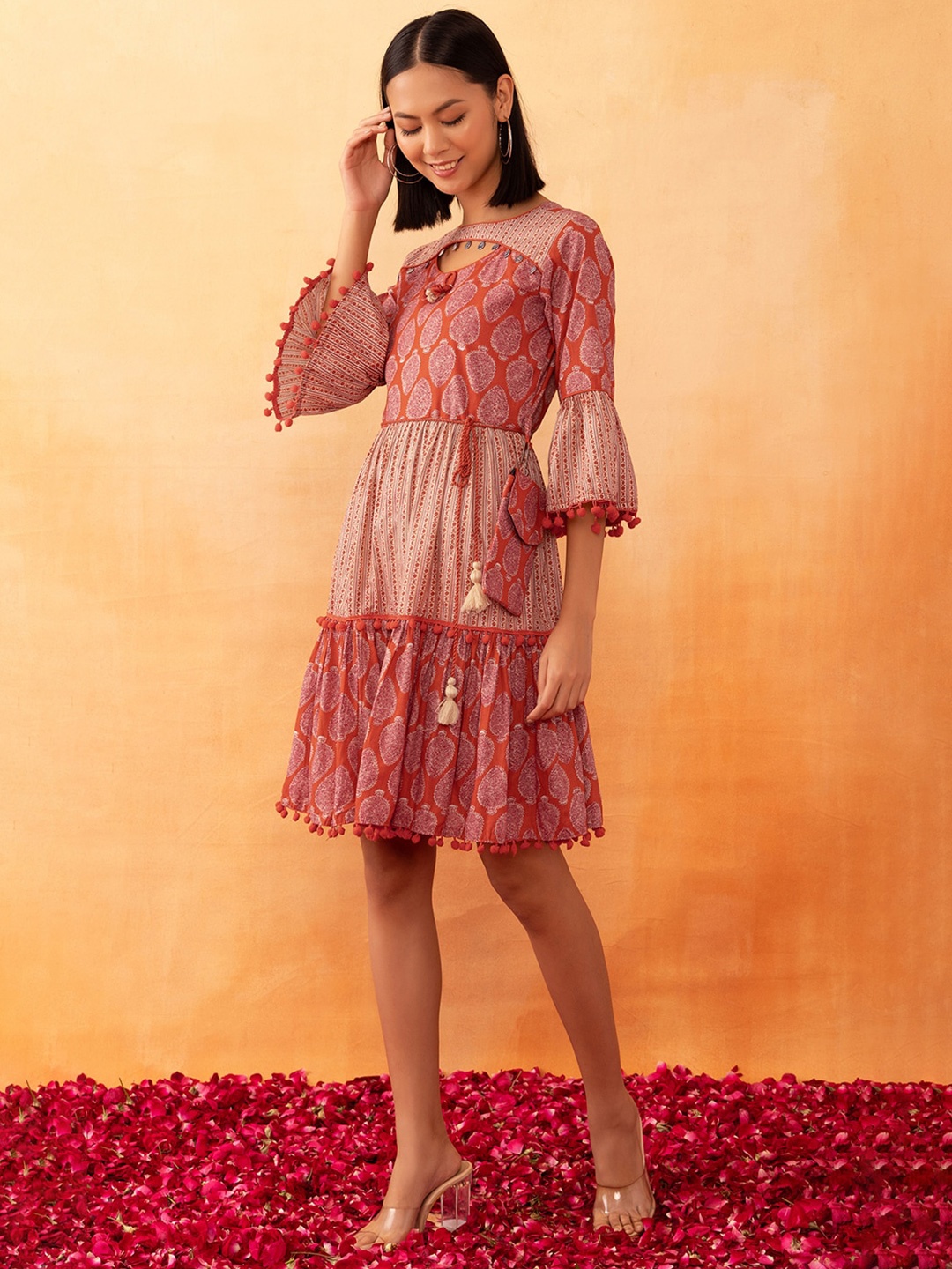 

Rang by Indya Leaf Printed Tiered Cotton Dress, Orange