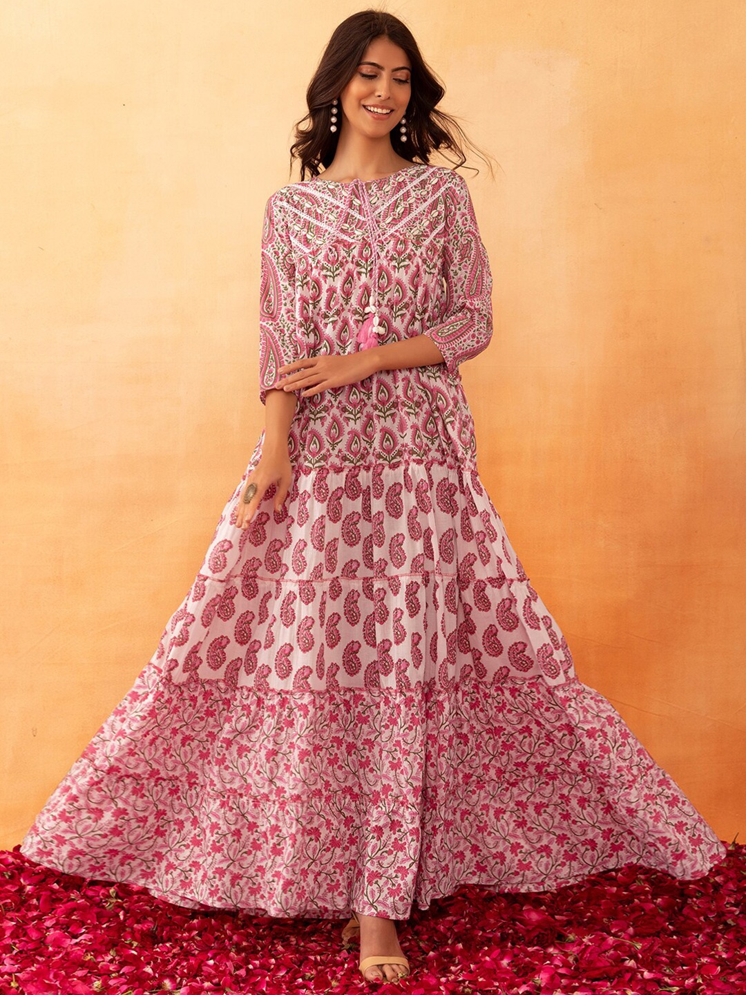 

Rang by Indya Floral Printed Embroidered Cotton Tiered Dresses, White