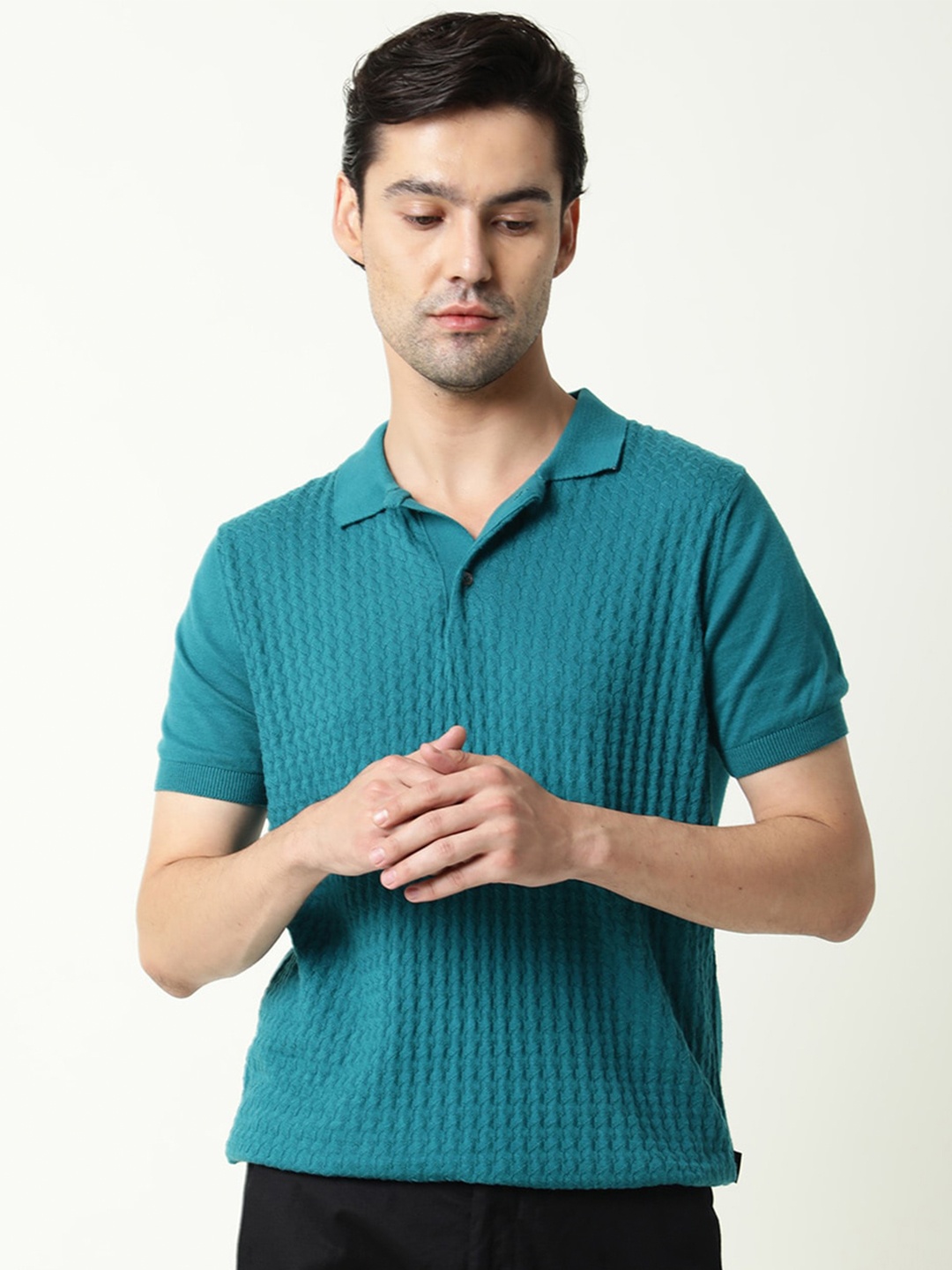

RARE RABBIT Men Lincos Slim Fit Cotton Polo T-Shirt, Teal