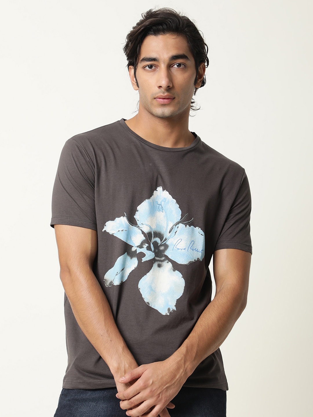 

RARE RABBIT Men Floas Floral Printed Cotton Slim Fit T-Shirt, Charcoal