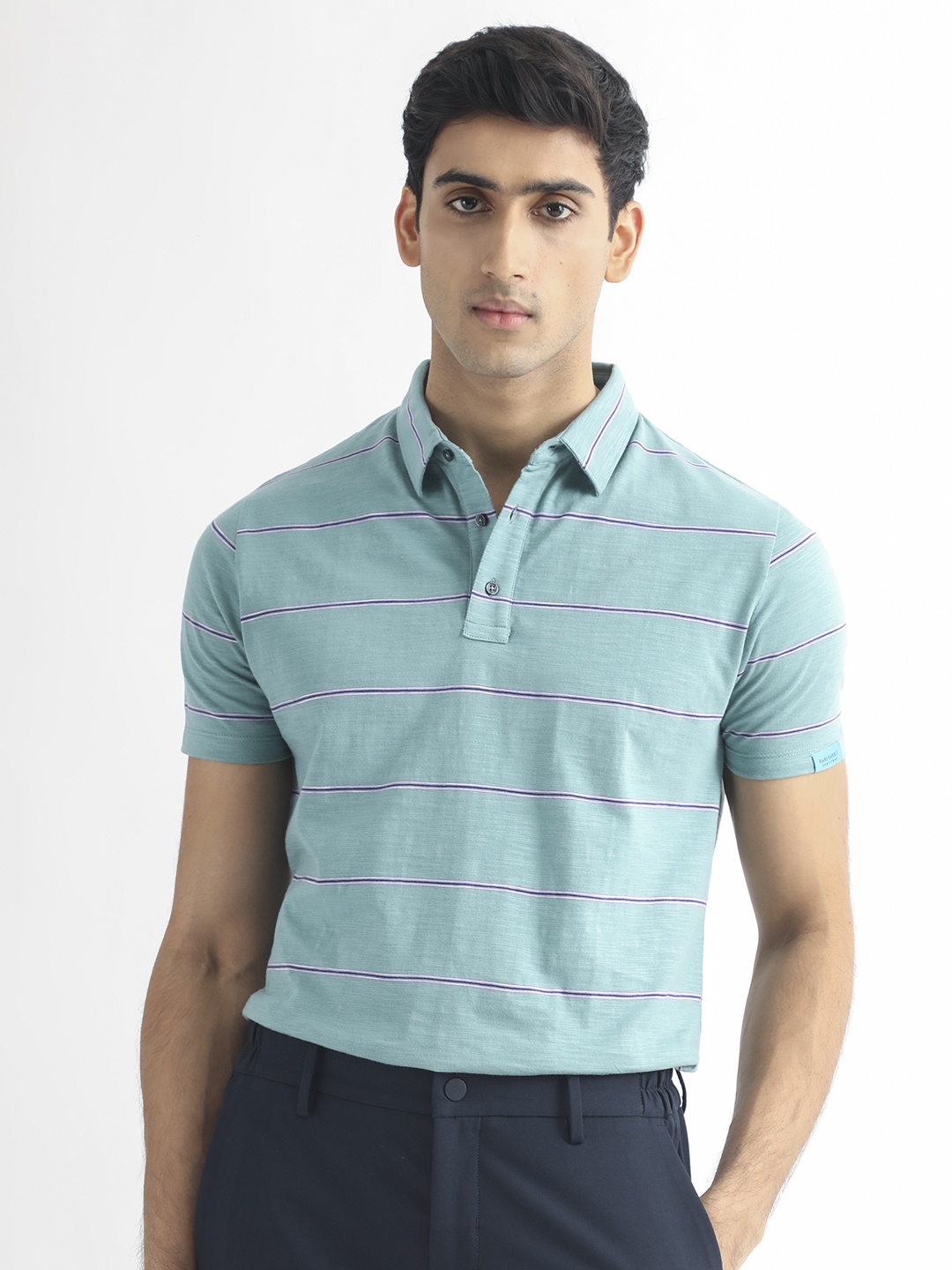 

RARE RABBIT Men Neonss Slim Fit Striped Cotton Polo T-Shirt, Green