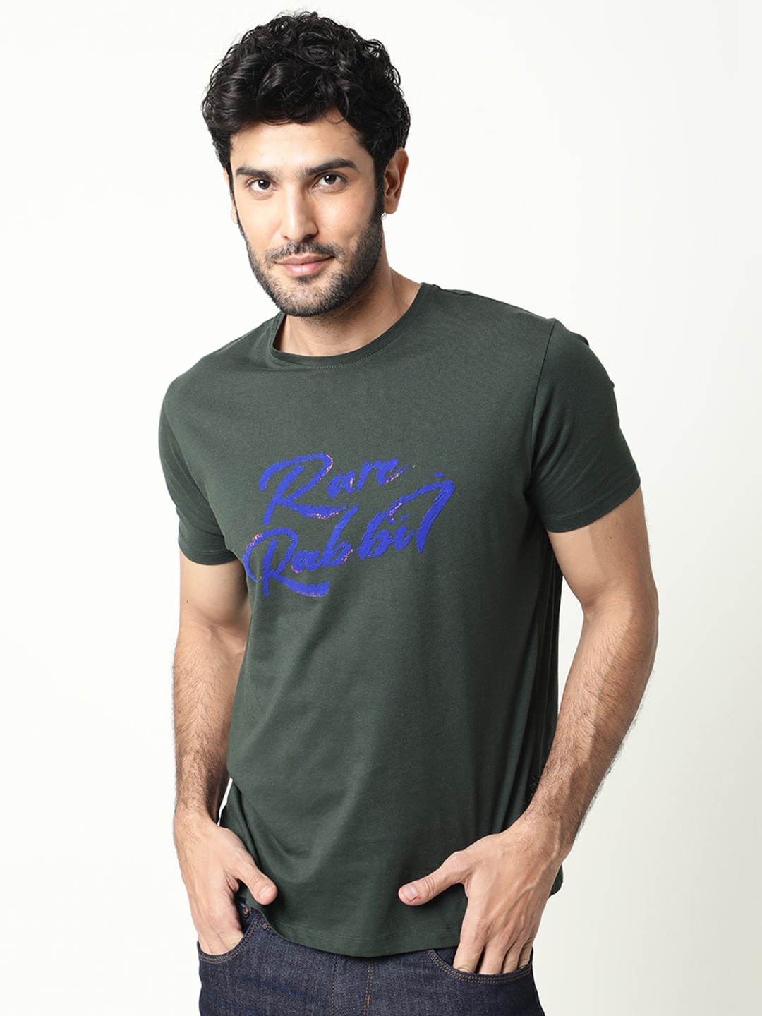 

RARE RABBIT Men Flecky Slim Fit Typography Cotton T-Shirt, Olive