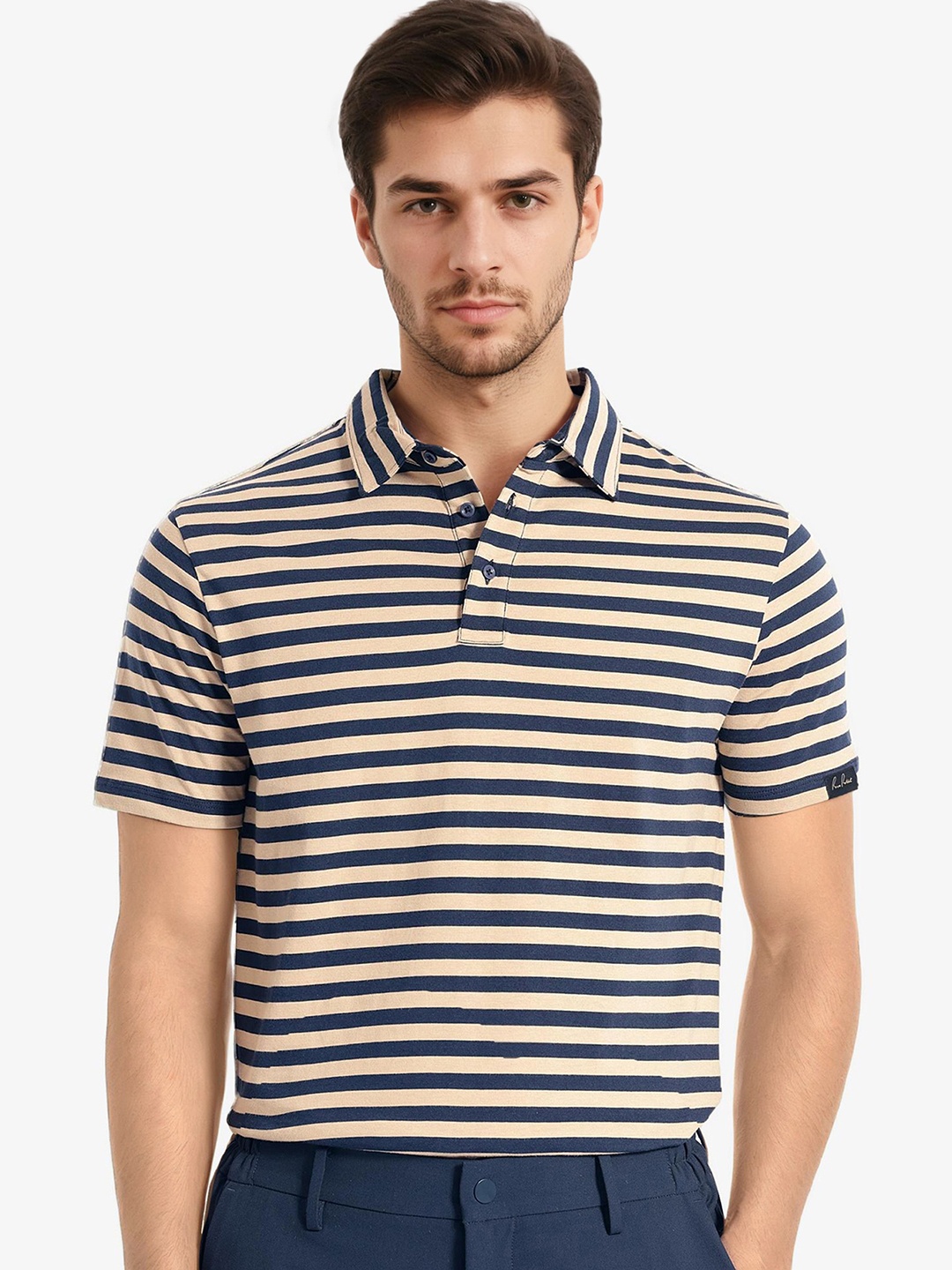 

RARE RABBIT Men Crossingss Slim Fit Striped Cotton Polo T-Shirt, Navy blue