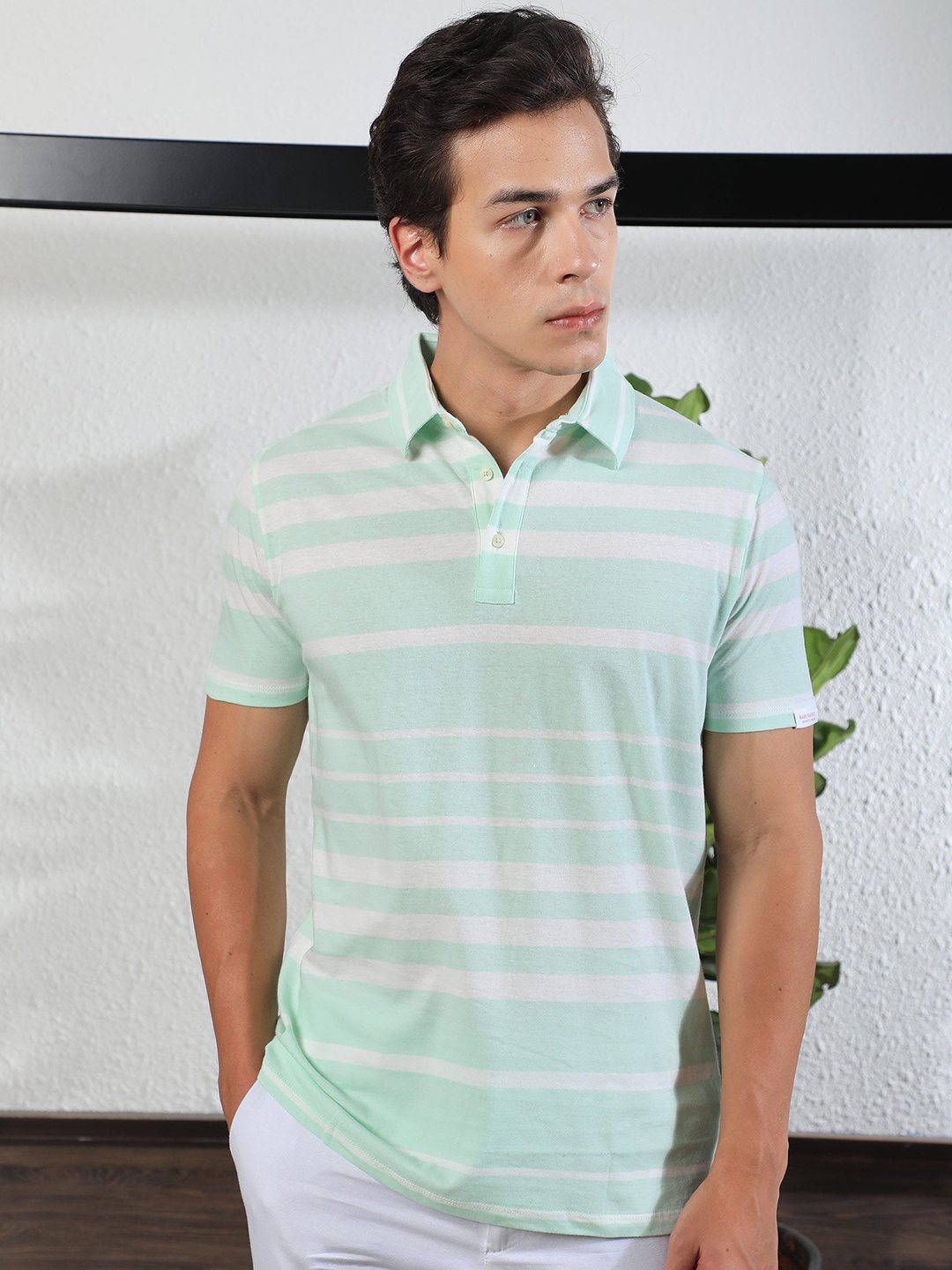 

RARE RABBIT Men Crossingss Slim Fit Striped Cotton Polo T-Shirt, Green