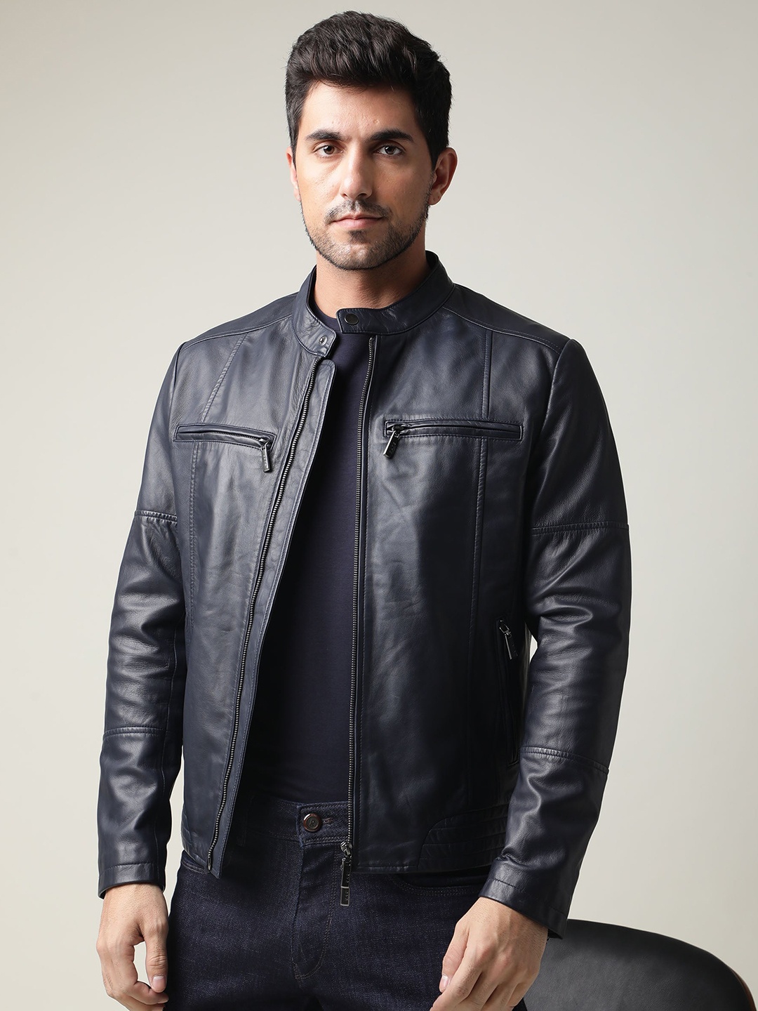

RARE RABBIT Men Bauli Slim Fit Stand Collar Leather Jacket, Navy blue
