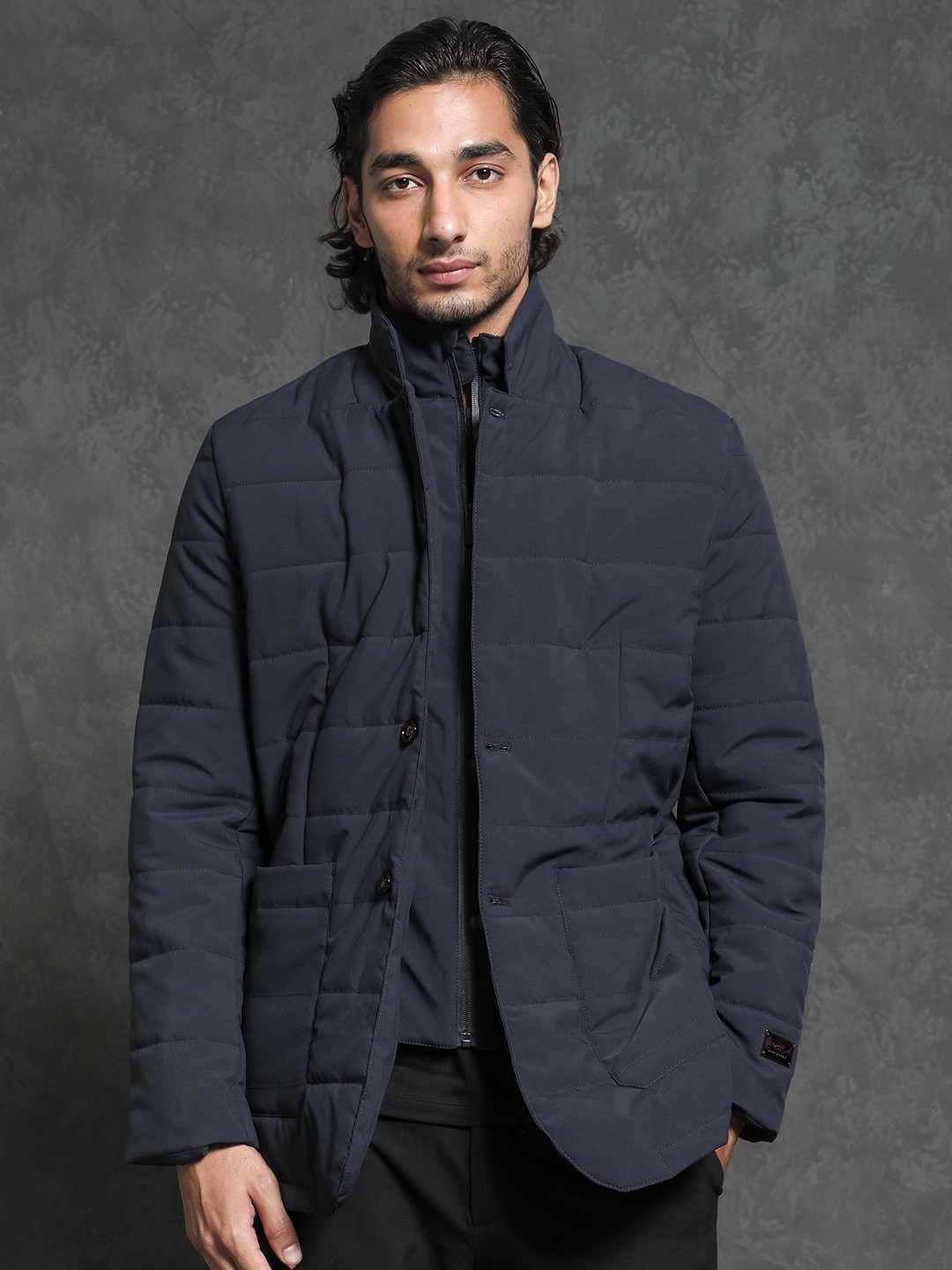 

RARE RABBIT Men Alta Puffer Longline Quilted Jacket, Navy blue