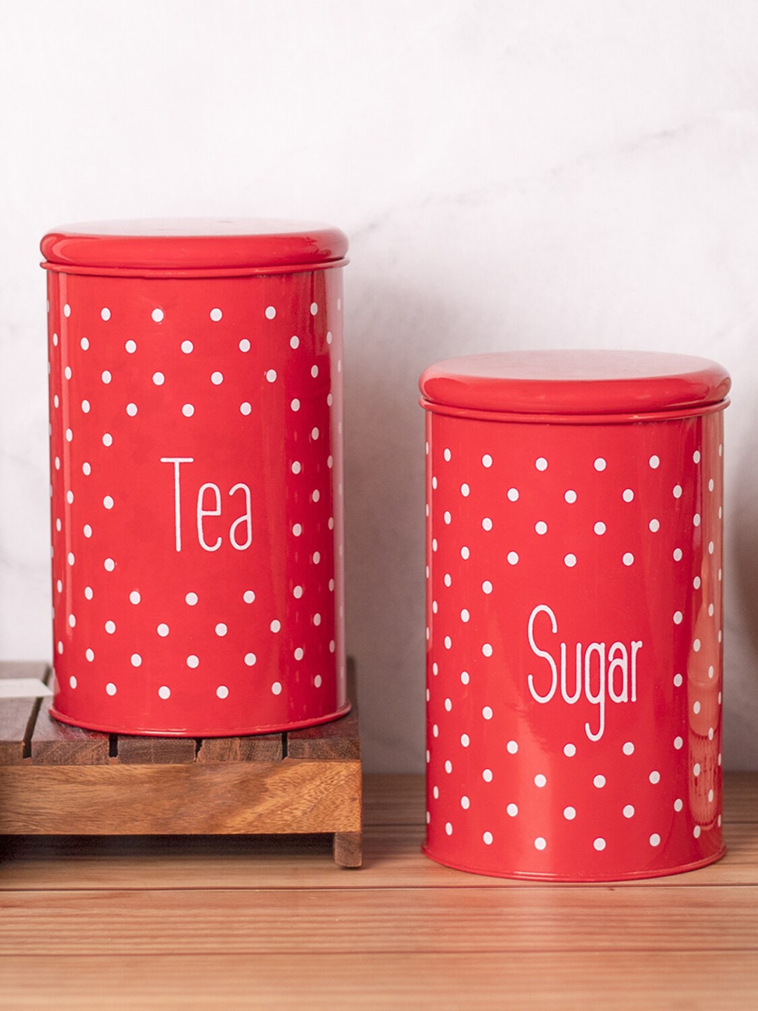 

MARKET99 Red & White 2 Pieces Sugar & Tea Printed Jars 1L Each