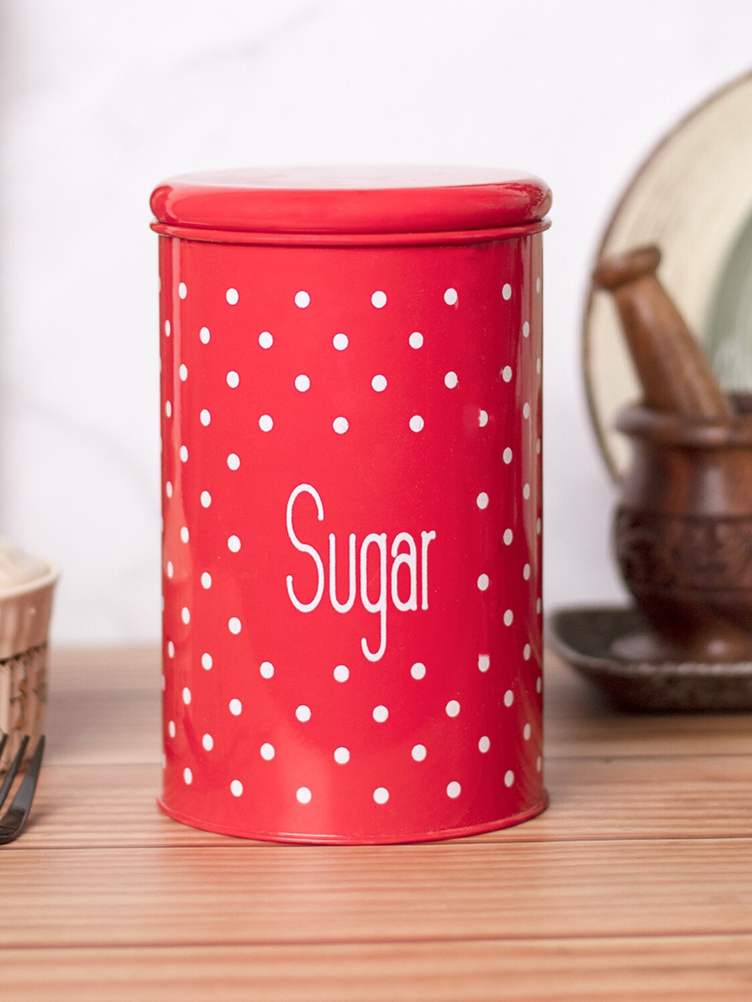 MARKET99 Red & White Polka Dot Printed Sugar Storage Jar- 1000 ML