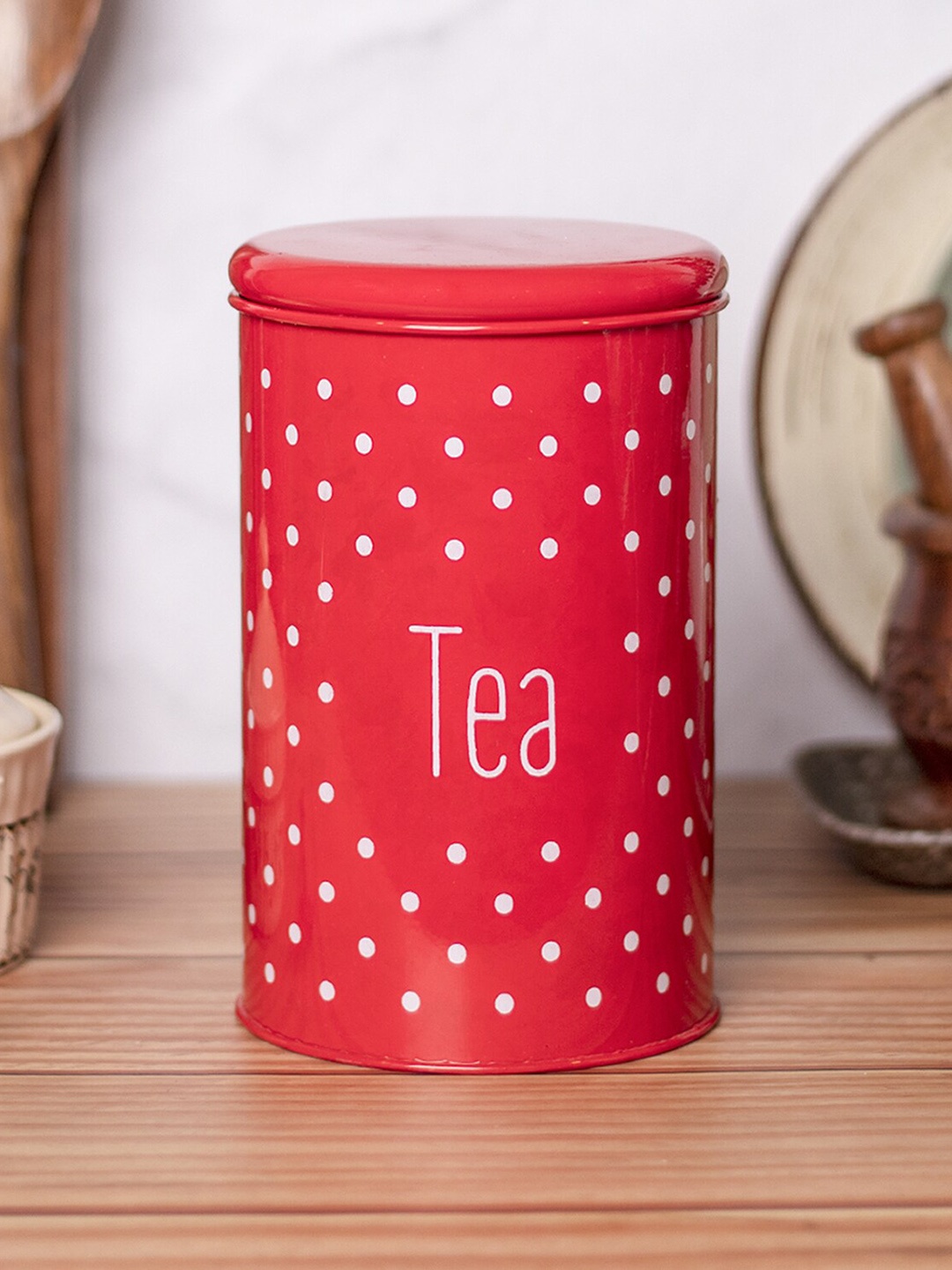 

MARKET99 Red & White Polka Dot Printed Tea Storage Jar- 1000 ML