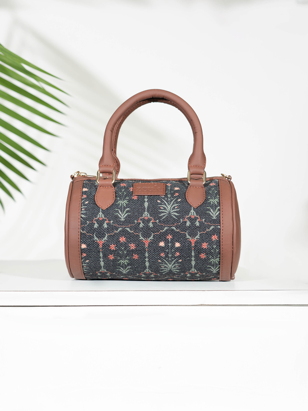 

ZOUK Floral Printed Structured Handheld Bag, Black