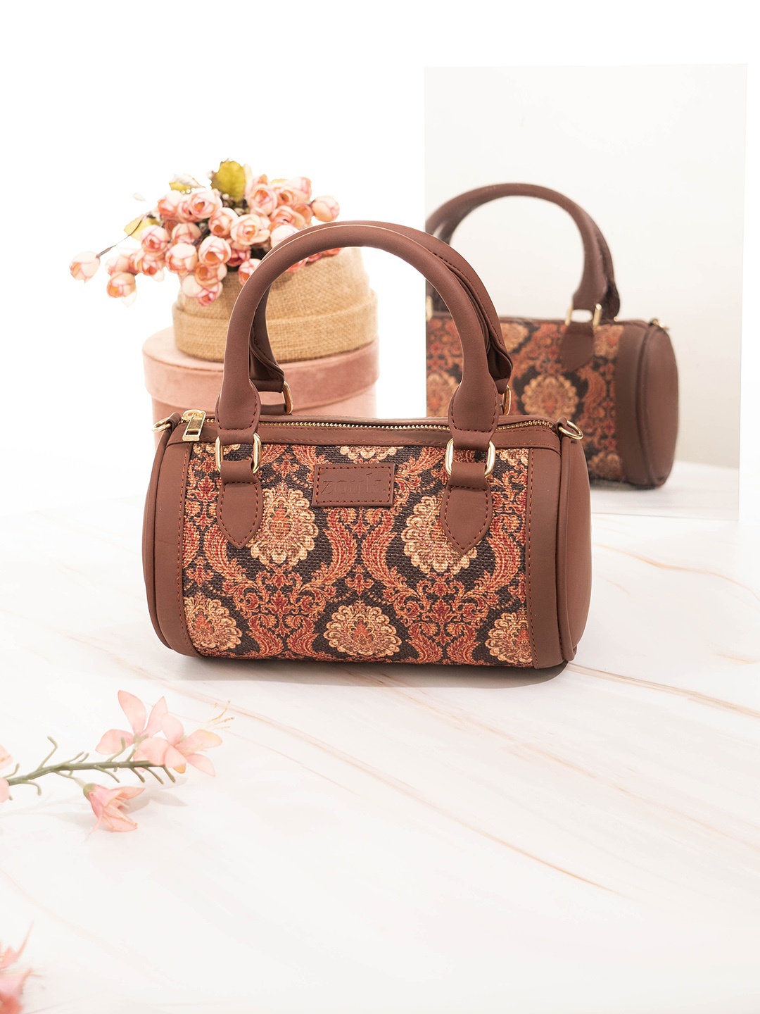 

ZOUK Ethnic Motifs Printed Structured Handheld Bag, Brown