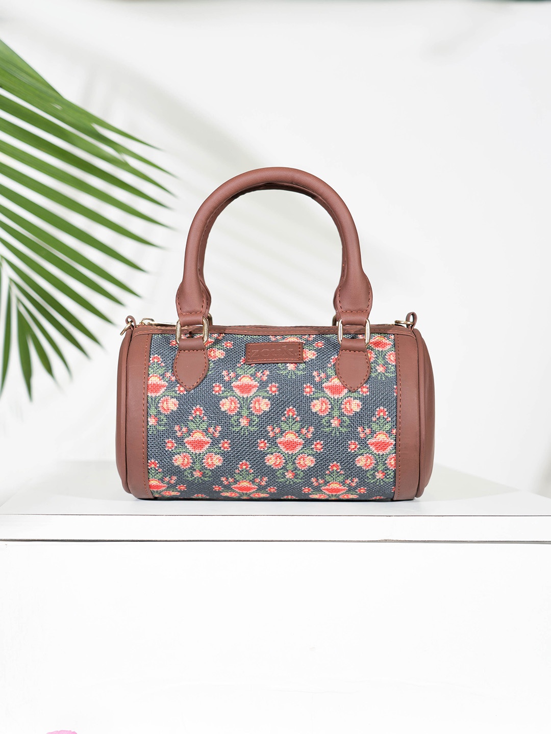 

ZOUK Floral Printed Structured Handheld Bag, Brown