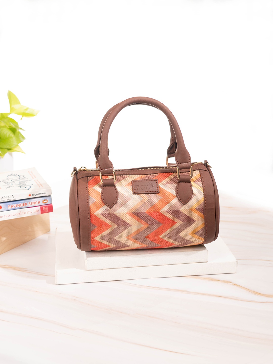 

ZOUK Geometric Printed Structured Handheld Bag, Beige