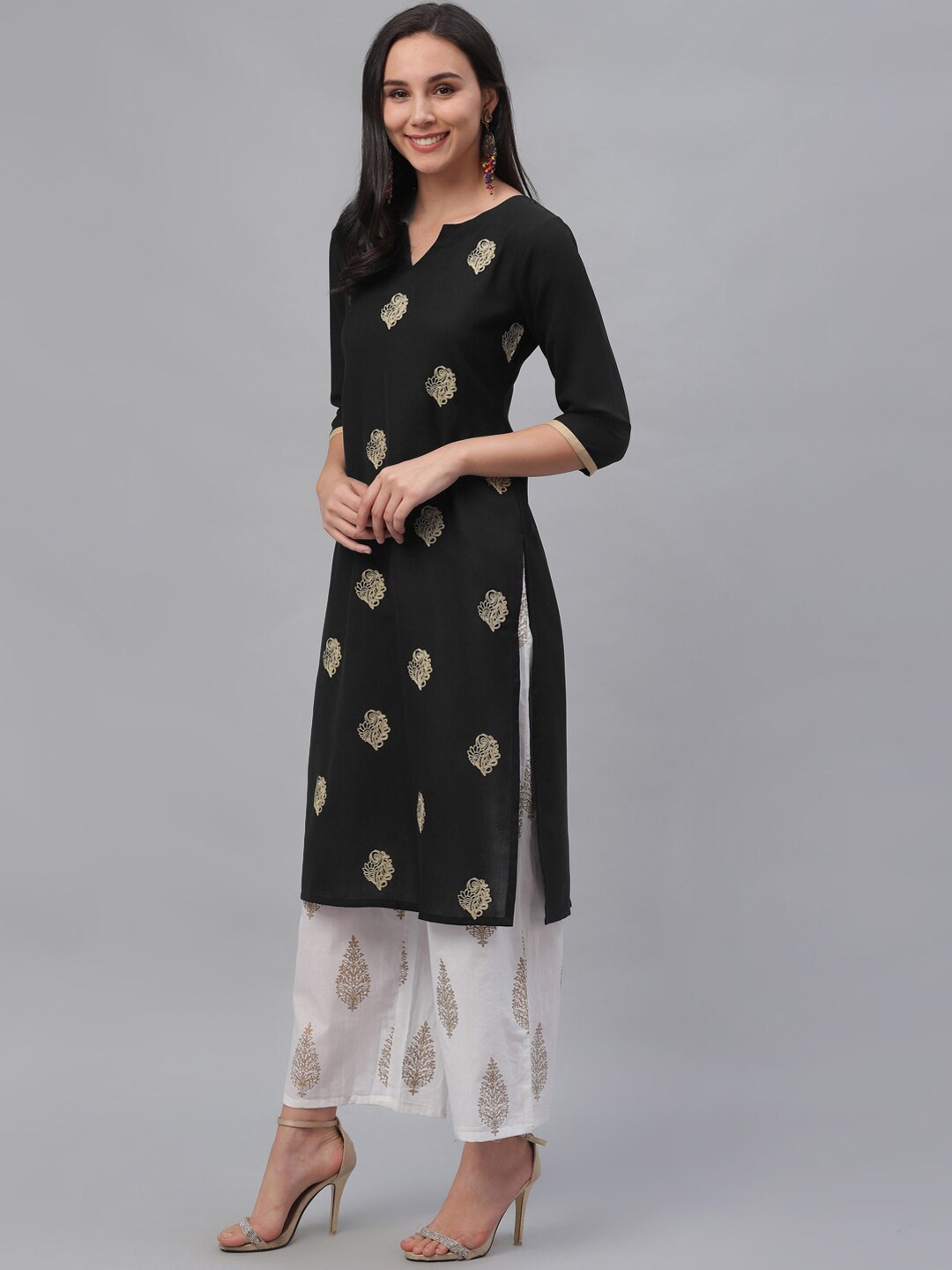 

Libas Black Ethnic Motif Embroidered Notched Neck Kurta