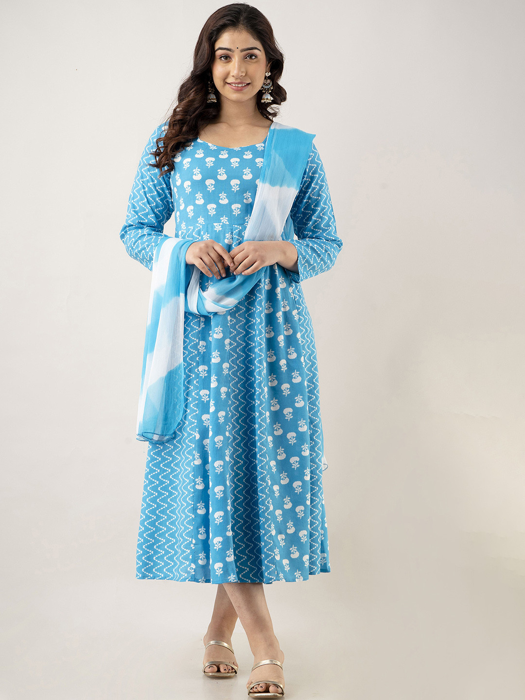 

KALINI Ethnic Motifs Printed Fit & Flare Midi Ethnic Dress & Dupatta, Sea green