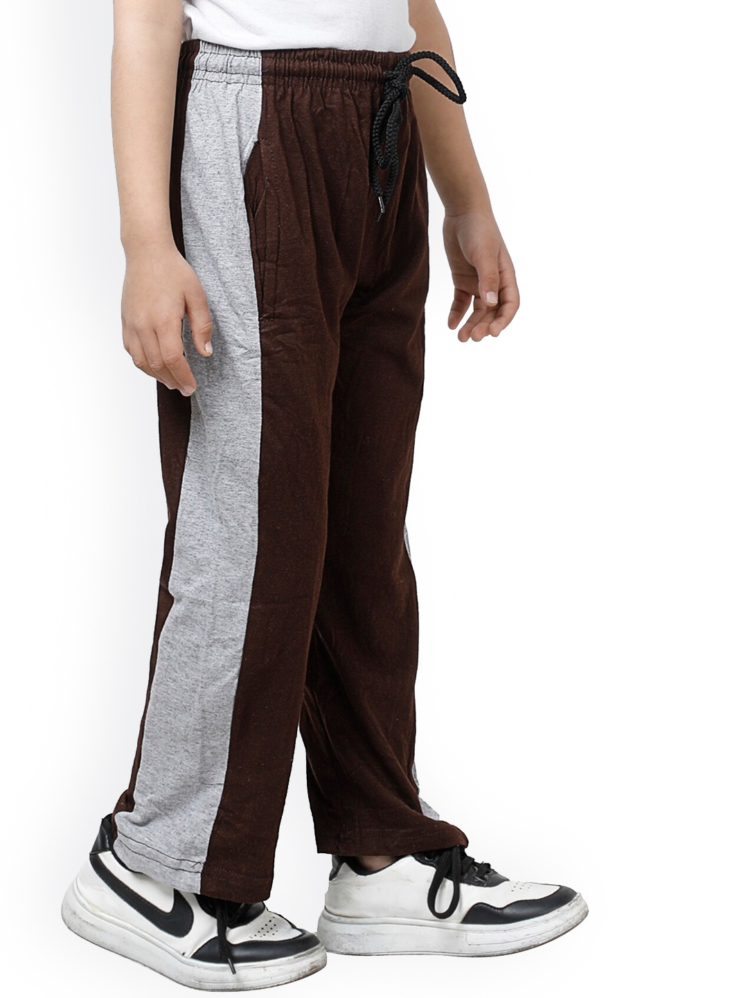 

IndiWeaves Boys Mid-Rise Side Striped Pure Cotton Track Pants, Brown