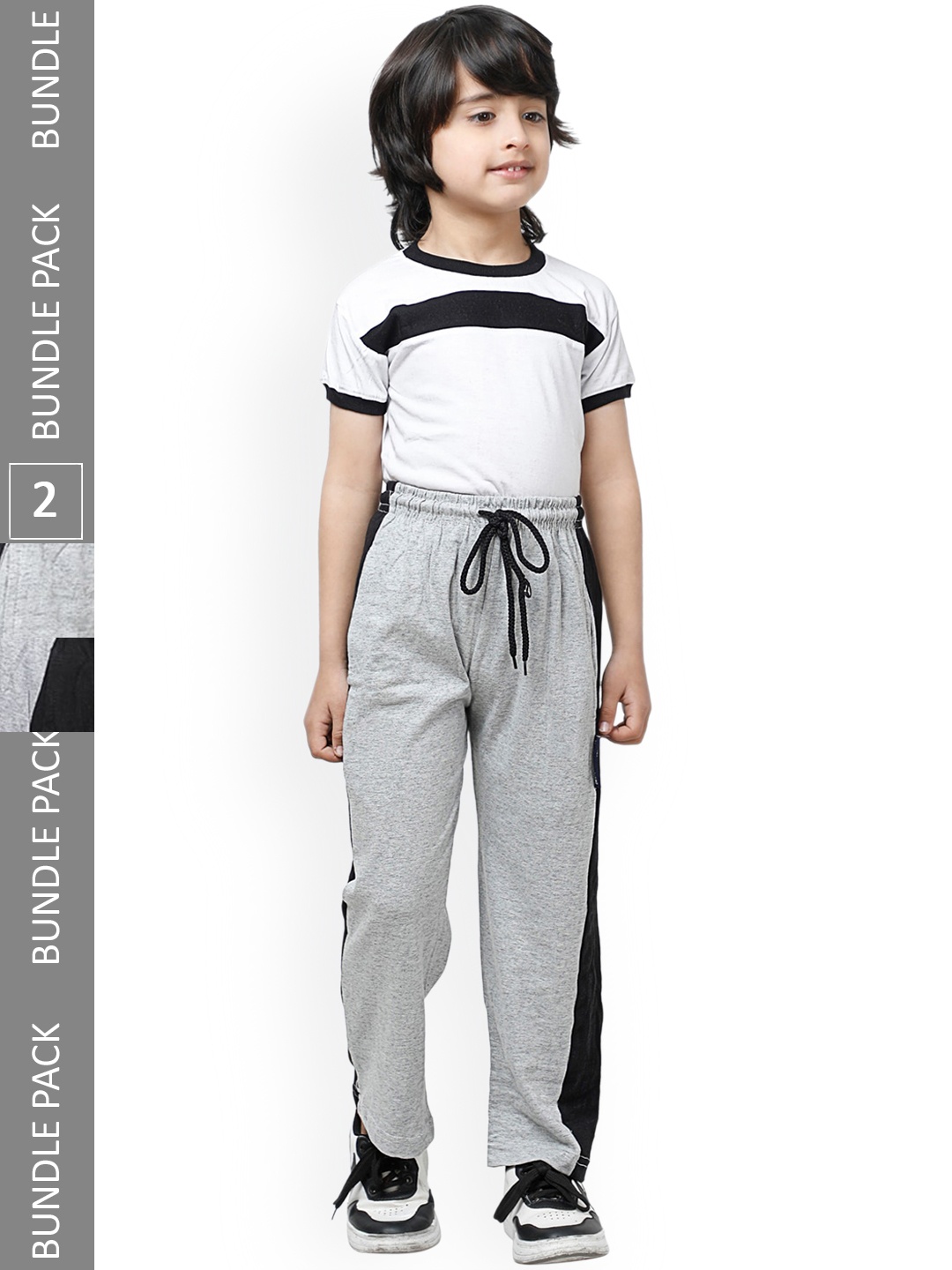 

IndiWeaves Boys Pack Of 2 Side Striped Pure Cotton Track Pants, Grey