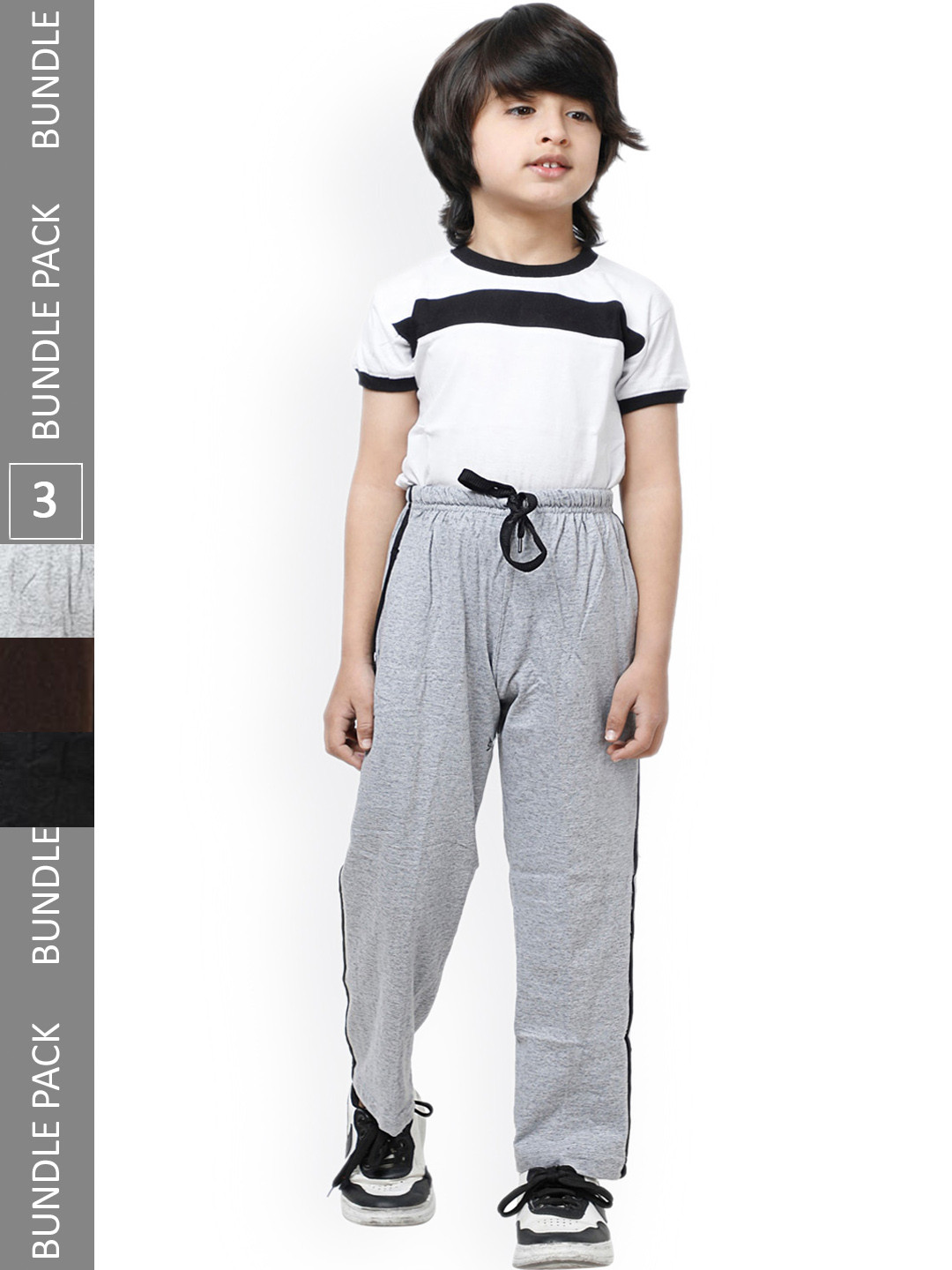 

IndiWeaves Boys Pack Of 3 Pure Cotton Side Striped Track Pants, Brown
