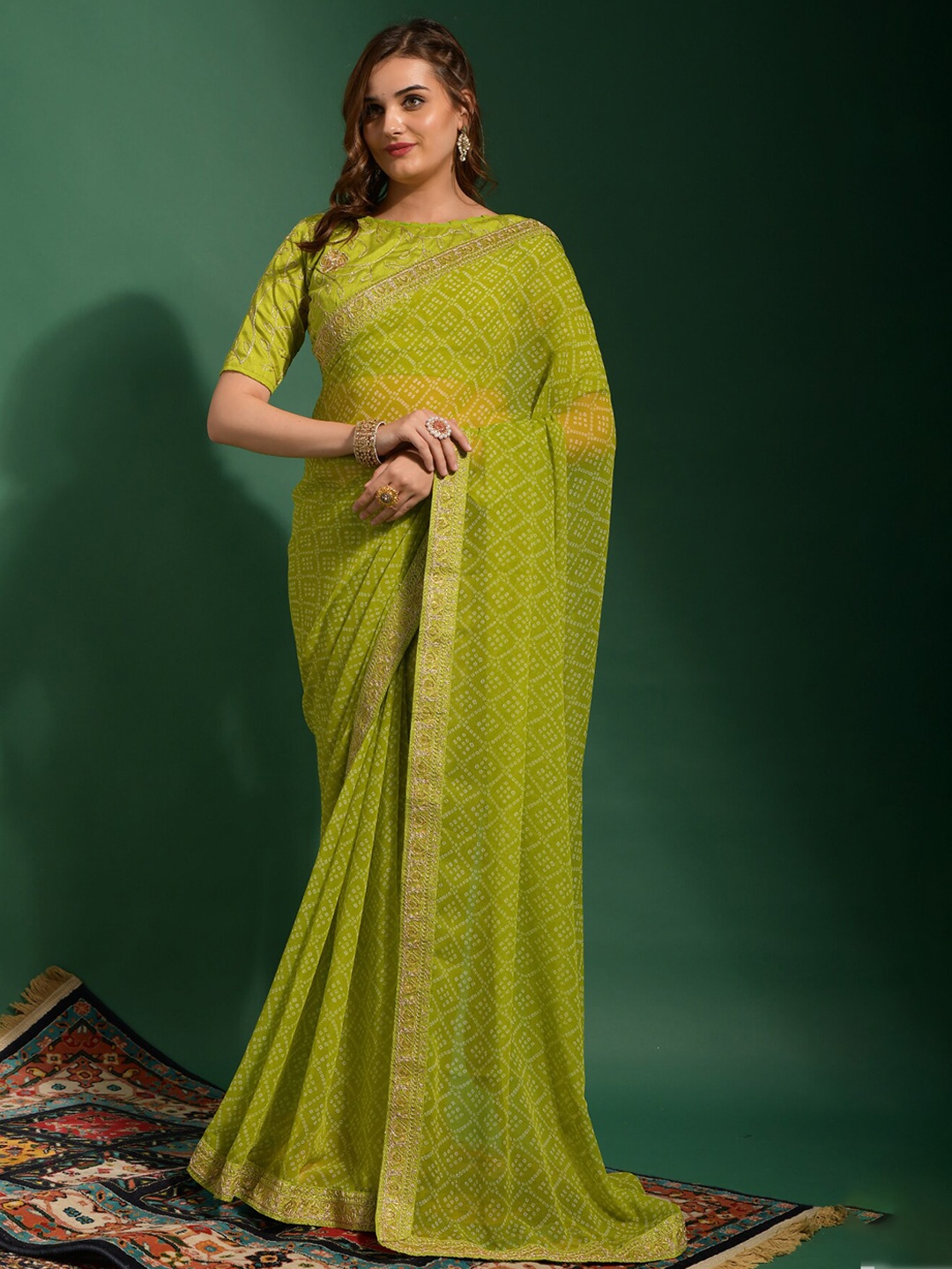 

VEERAX Bandhani Embroidered Pure Georgette Saree, Lime green