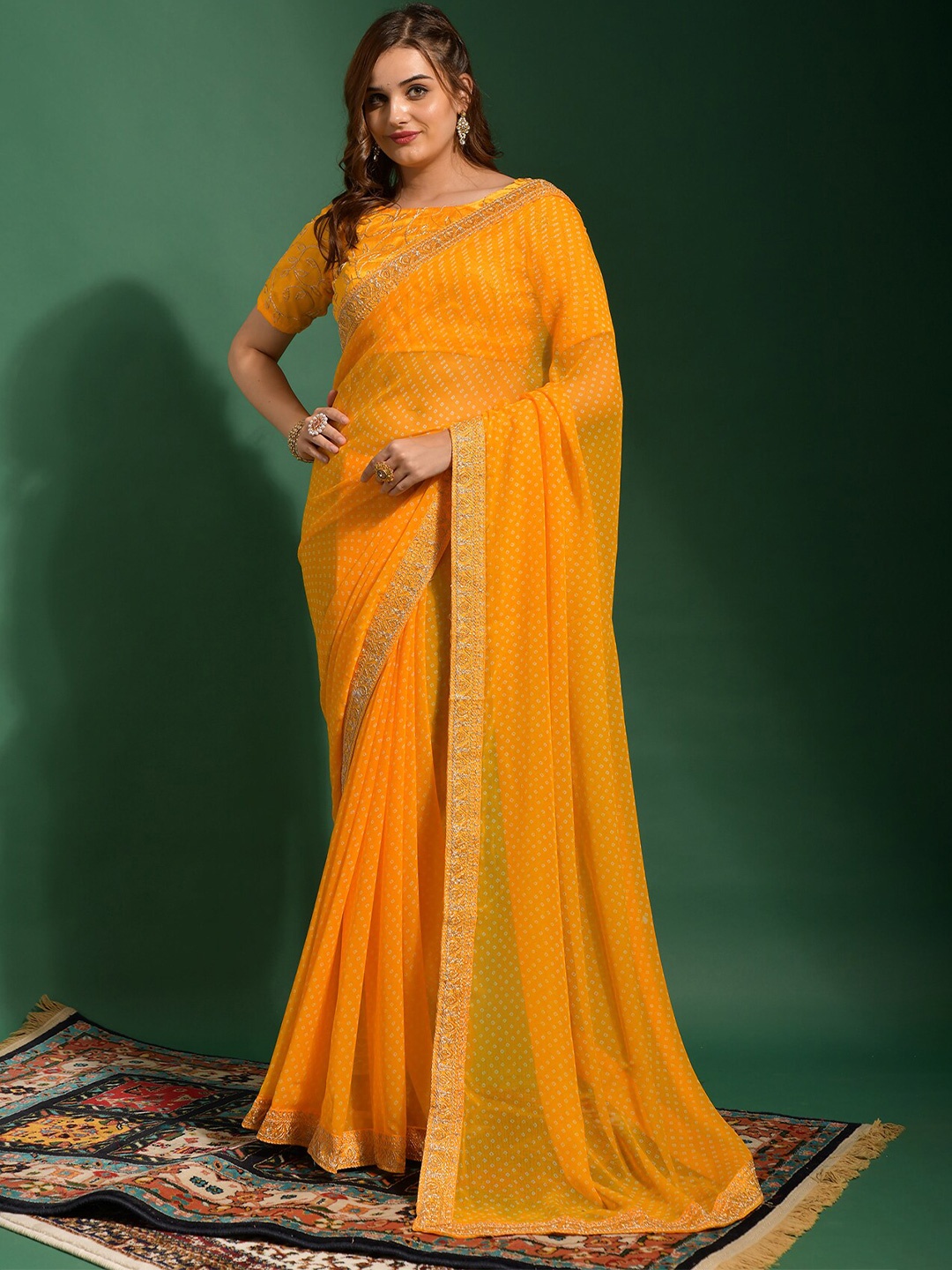 

VEERAX Embroidered Pure Georgette Bandhani Saree, Mustard