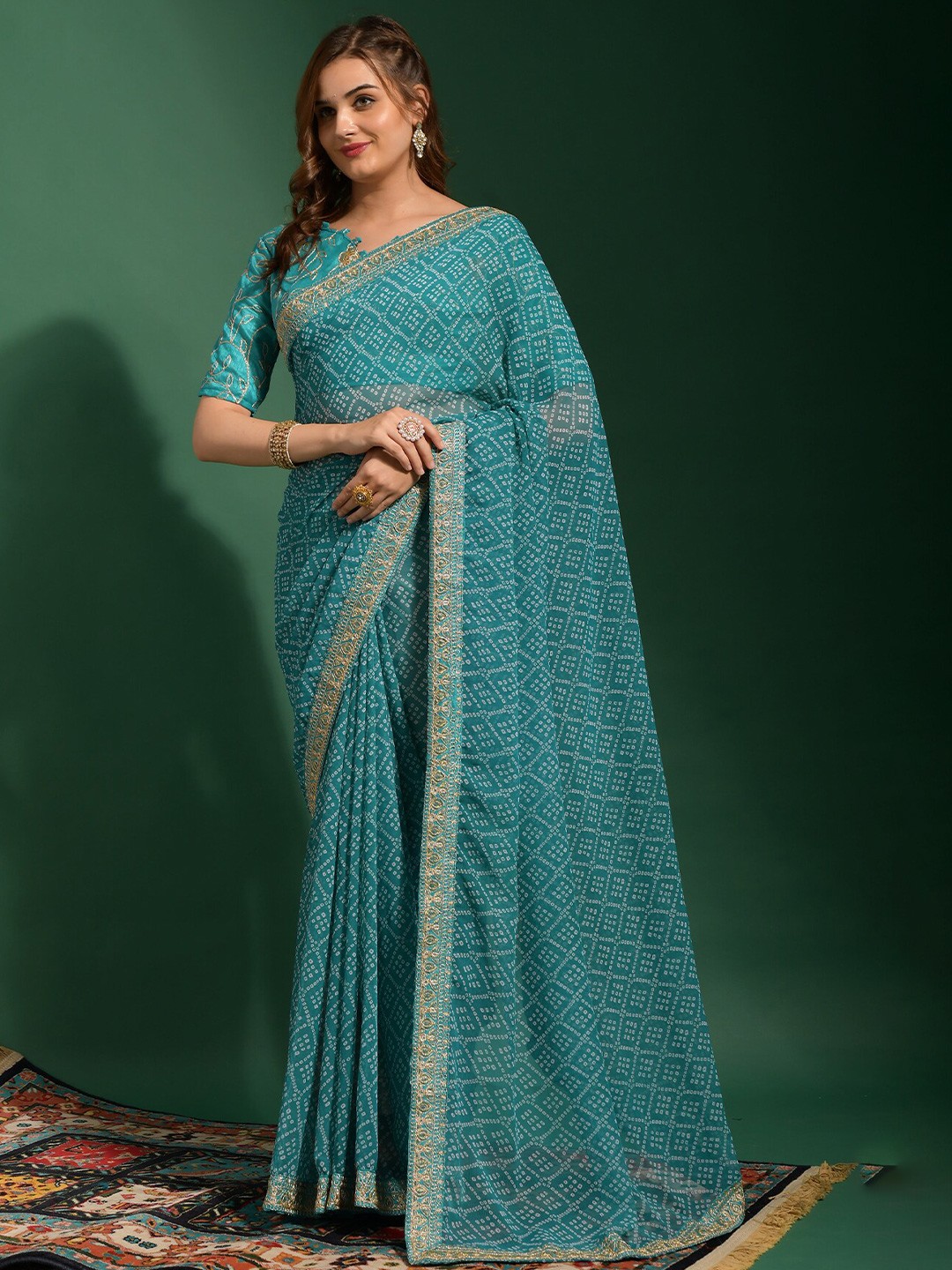 

VEERAX Bandhani Zari Pure Georgette Bandhani Saree, Sea green
