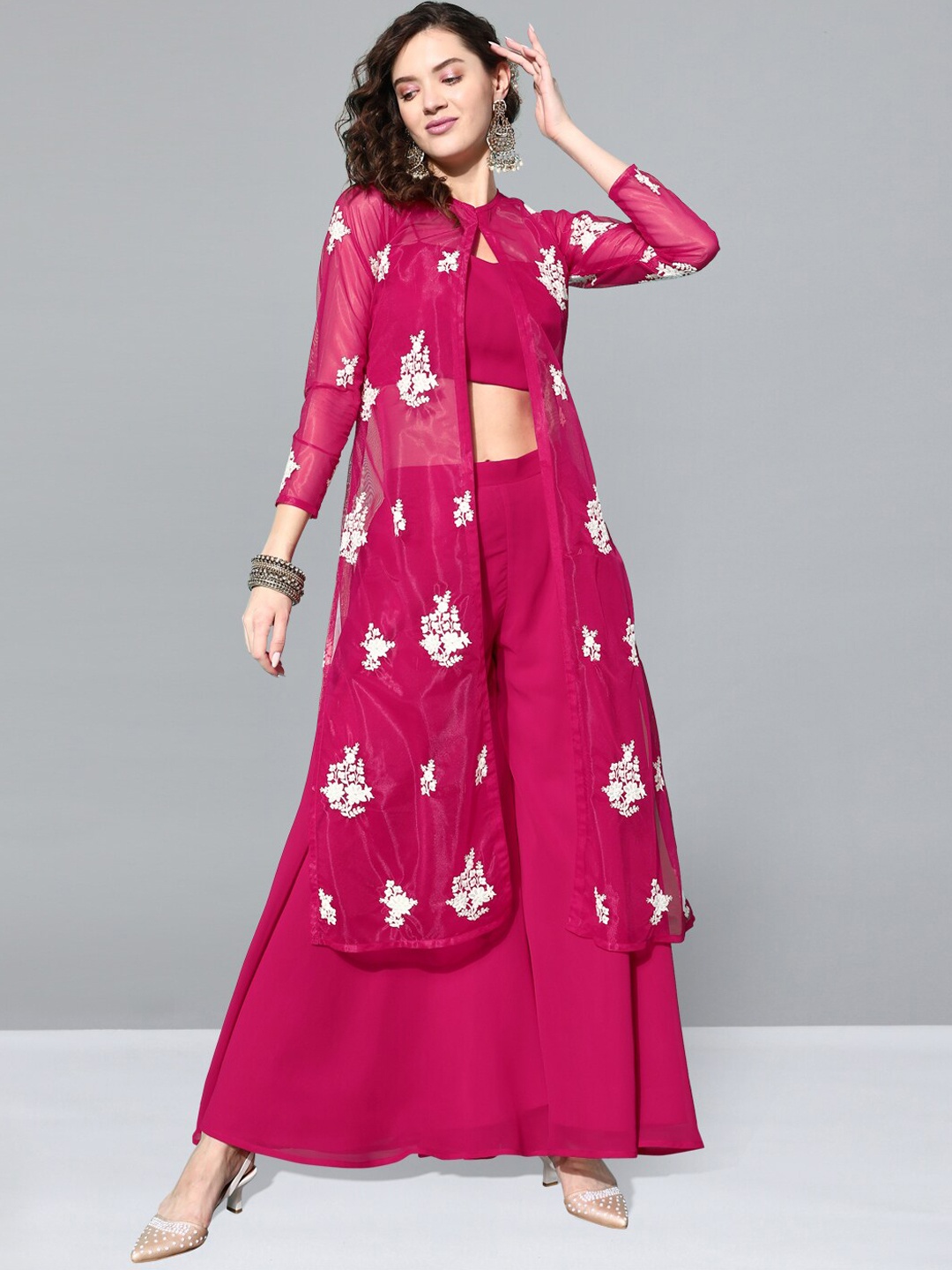 

Kvsfab Pink Chikankari Embroidered Top With Palazzo & Shrug Co-Ords