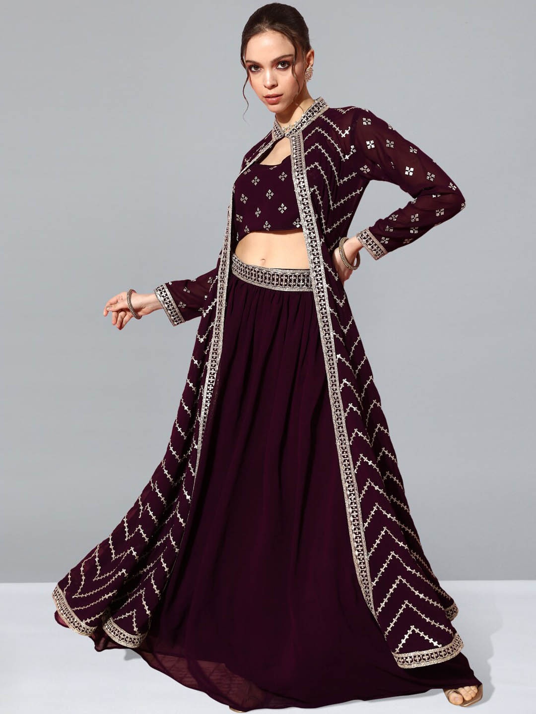 

Kvsfab Purple Embroidered Top & Skirt Co-Ord Set With Shrug