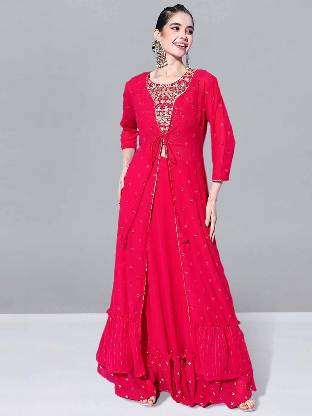 

Kvsfab Pink Embroidered Top & Skirt Co-Ords WIth Shrug