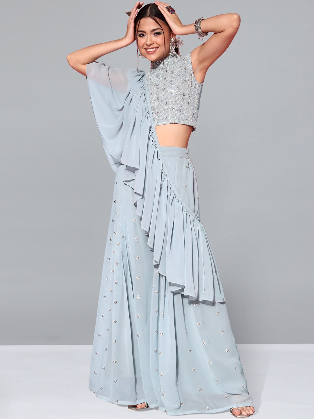 

Kvsfab Blue Embroidered Top & Palazzos Co-Ord Set With Dupatta