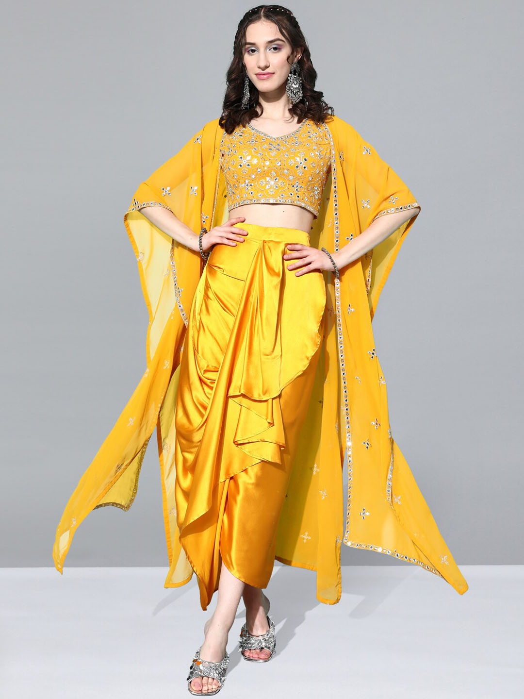 

Kvsfab Yellow Embroidered Top & Skirt Co-Ords With Kaftan Shrug