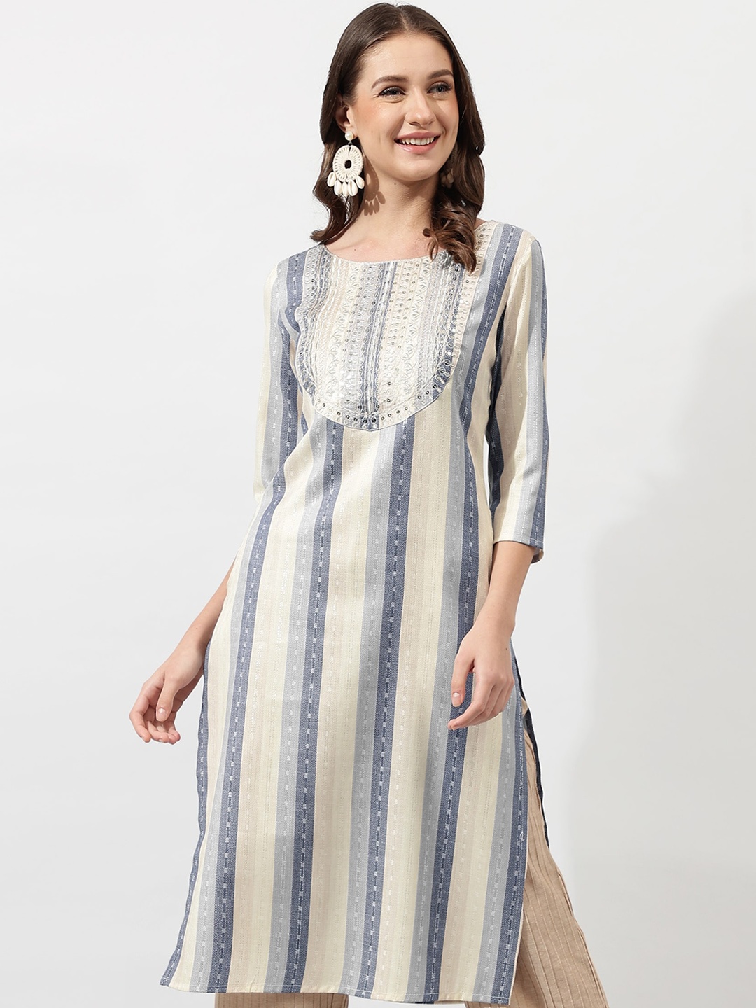 

KALINI Grey & Cream Coloured Striped Woven Design Sequinned Kurta