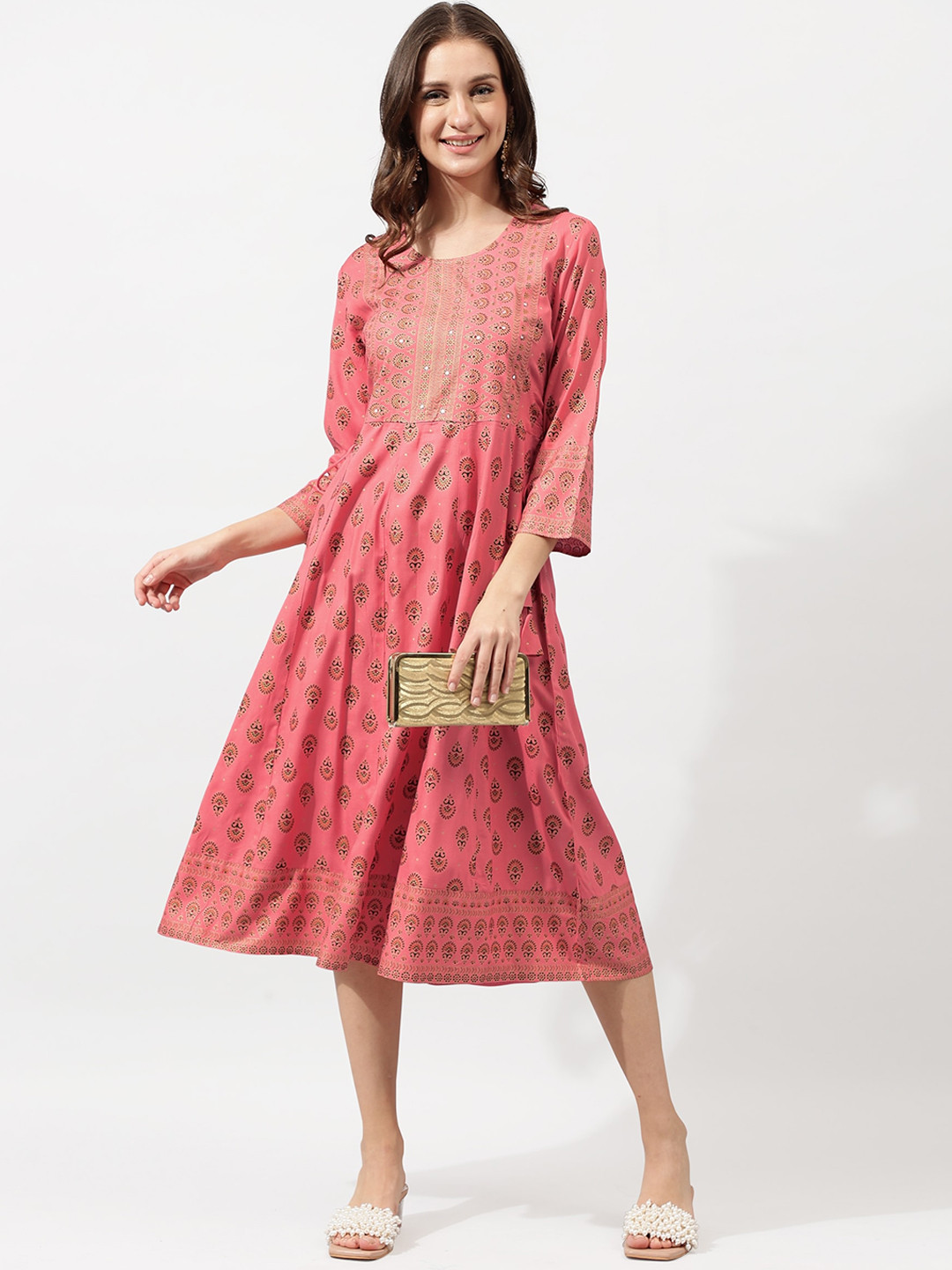 

KALINI Women Coral Floral Printed Gotta Patti Anarkali Kurta