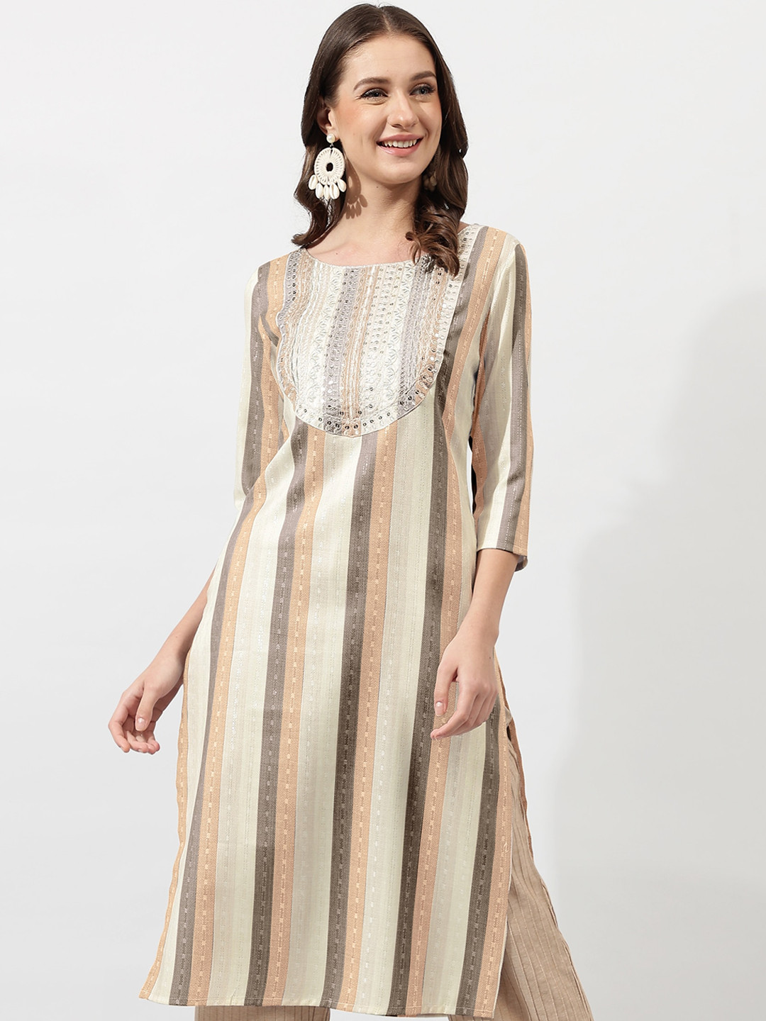 

KALINI Cream Coloured & Brown Striped Woven Design Sequinned Kurta