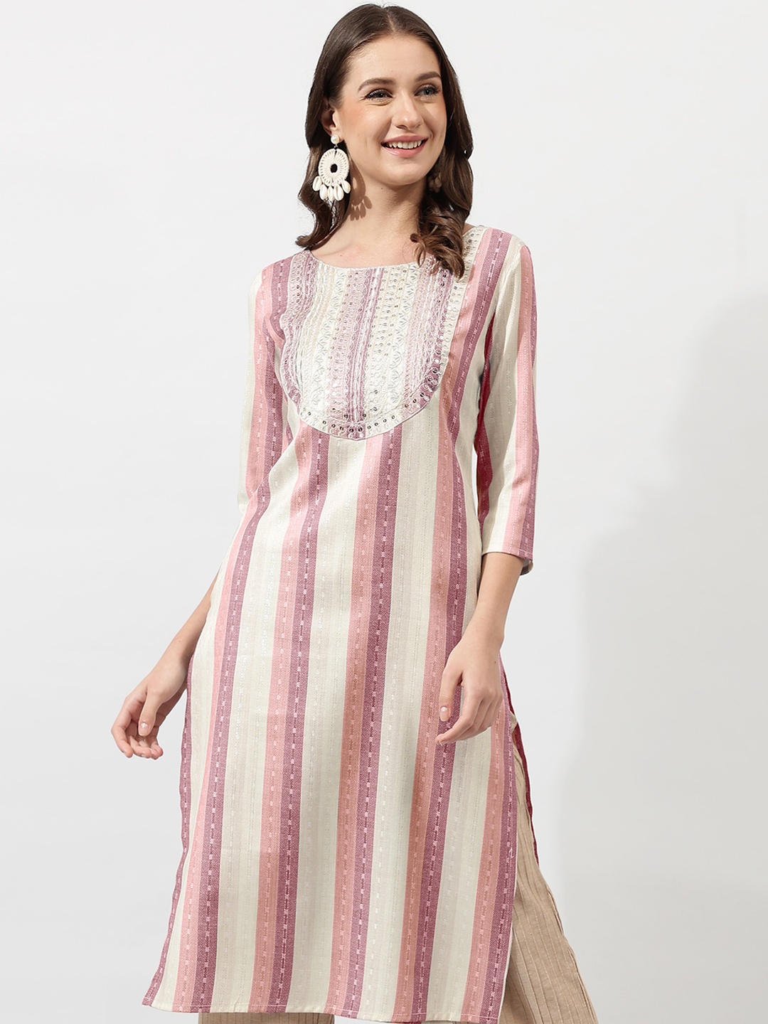 

KALINI Peach Coloured & white Striped Woven Design Sequinned Kurta