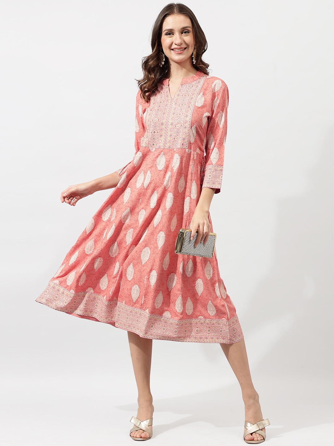 

KALINI Women Coral Ethnic Motifs Printed Embellished Ethnic Dress